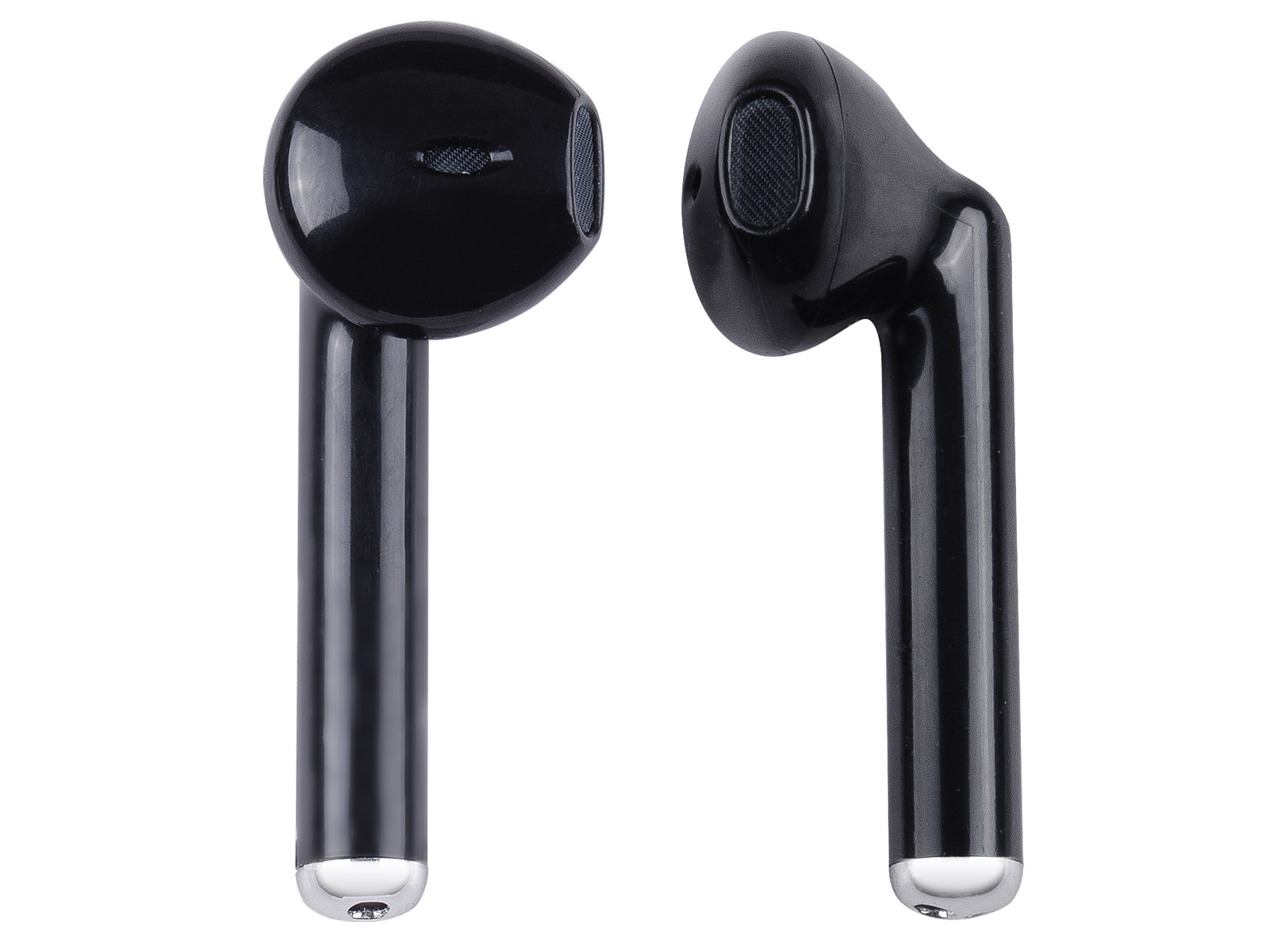 Due auricolari wireless neri lucidi con punte argentate su sfondo bianco.