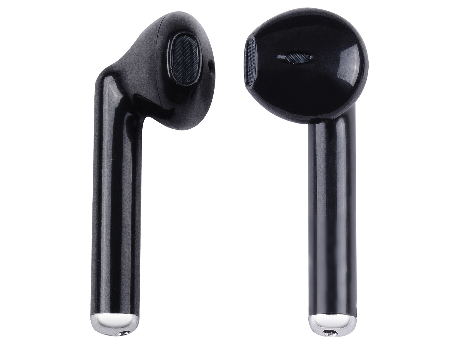 Due auricolari wireless neri con punte argentate sono mostrati su uno sfondo bianco, uno rivolto a sinistra, l'altro a destra.