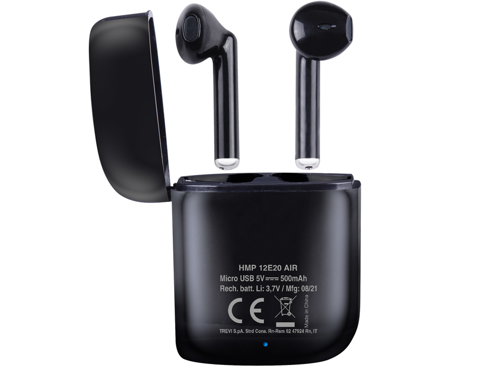 Auricolari wireless neri con custodia di ricarica aperta, scritte bianche.