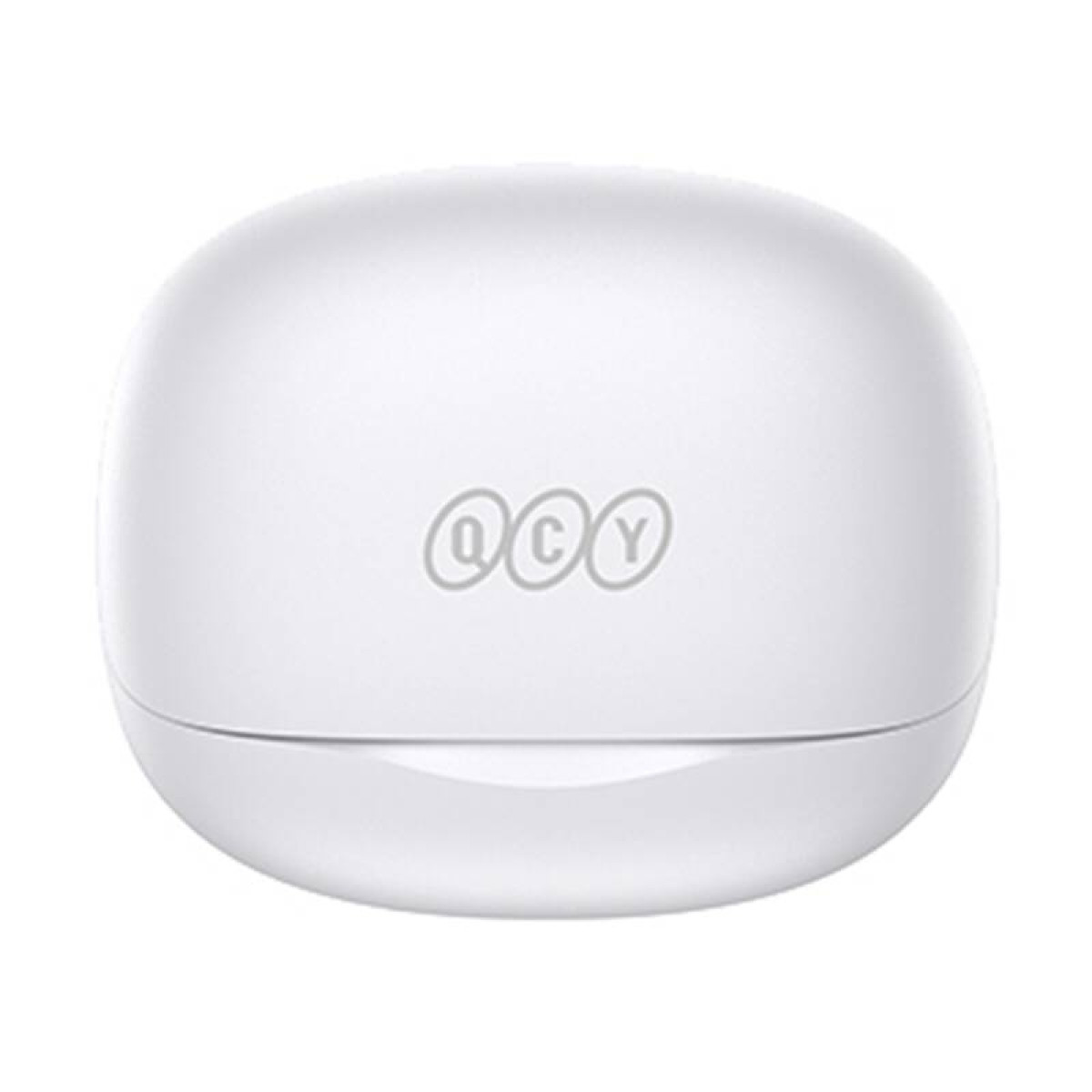 Ein weißes Ladeetui für Kopfhörer mit dem QCY-Logo.
