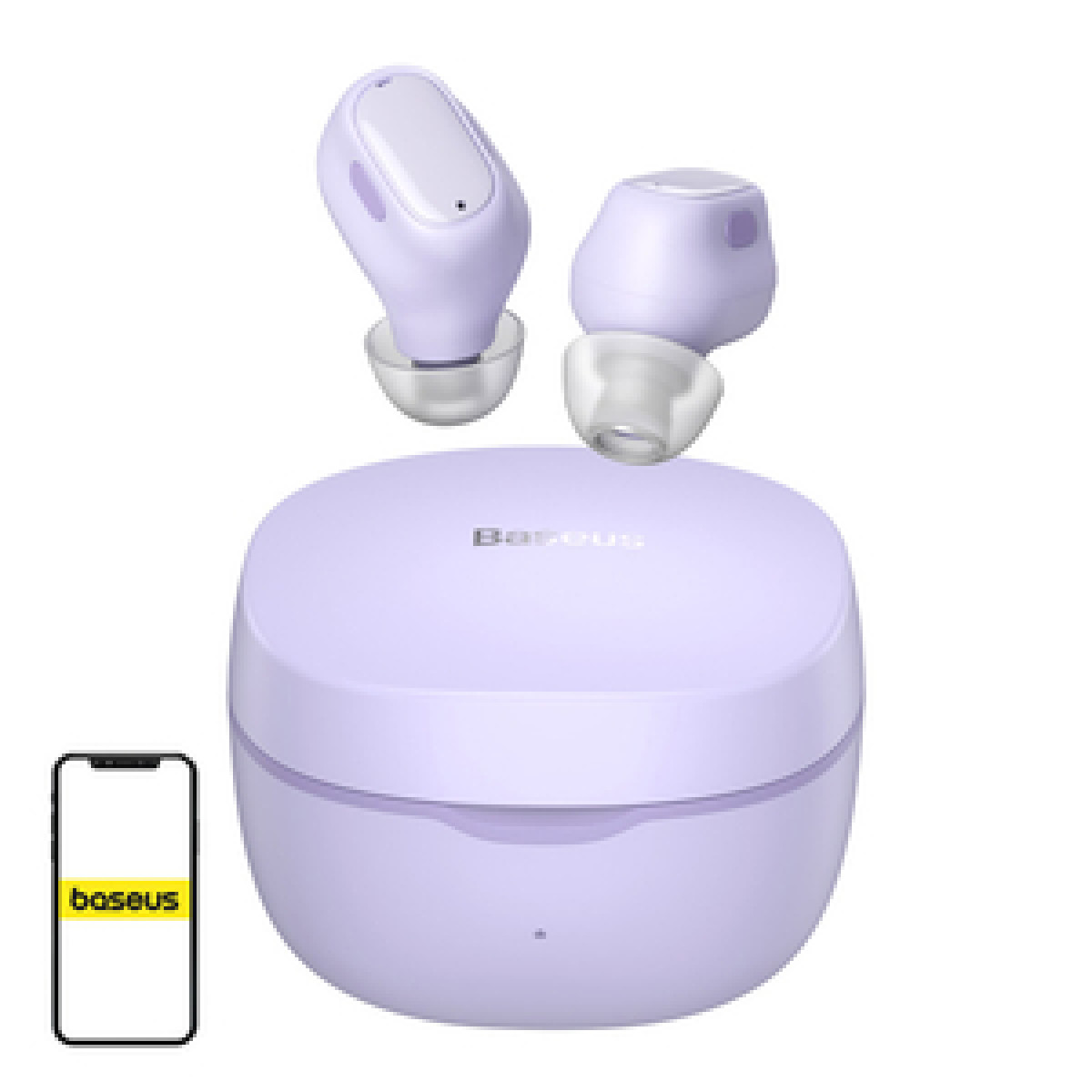 Due auricolari wireless lilla fluttuano sopra una custodia di ricarica abbinata, con un telefono che mostra 'baseus' a sinistra.