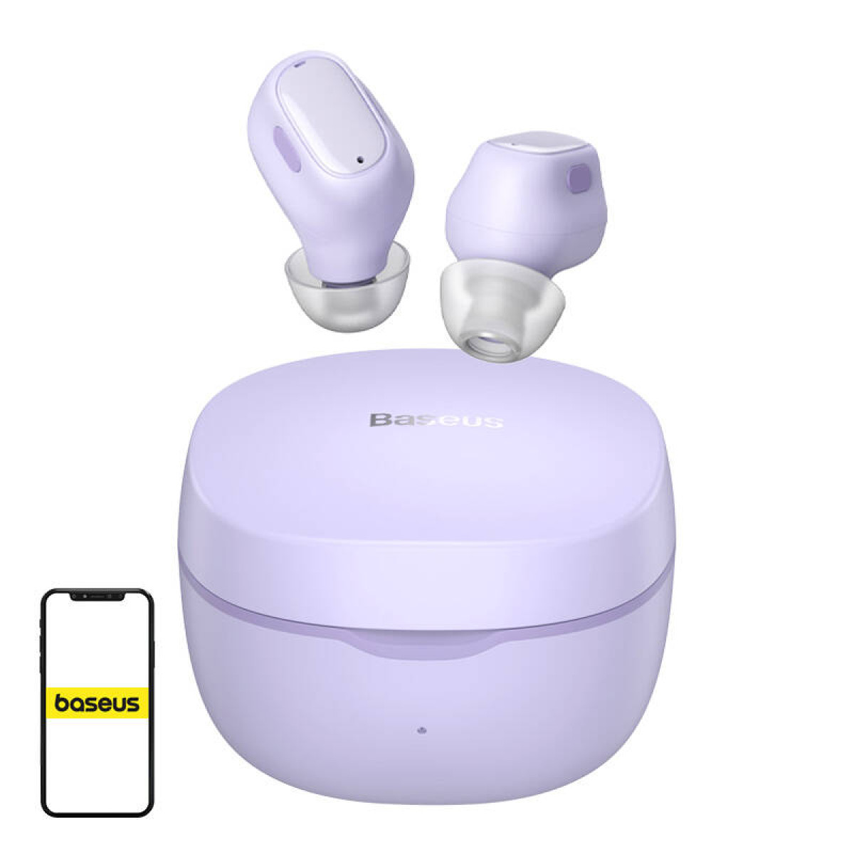 Auricolari Baseus lavanda con custodia di ricarica e uno smartphone.