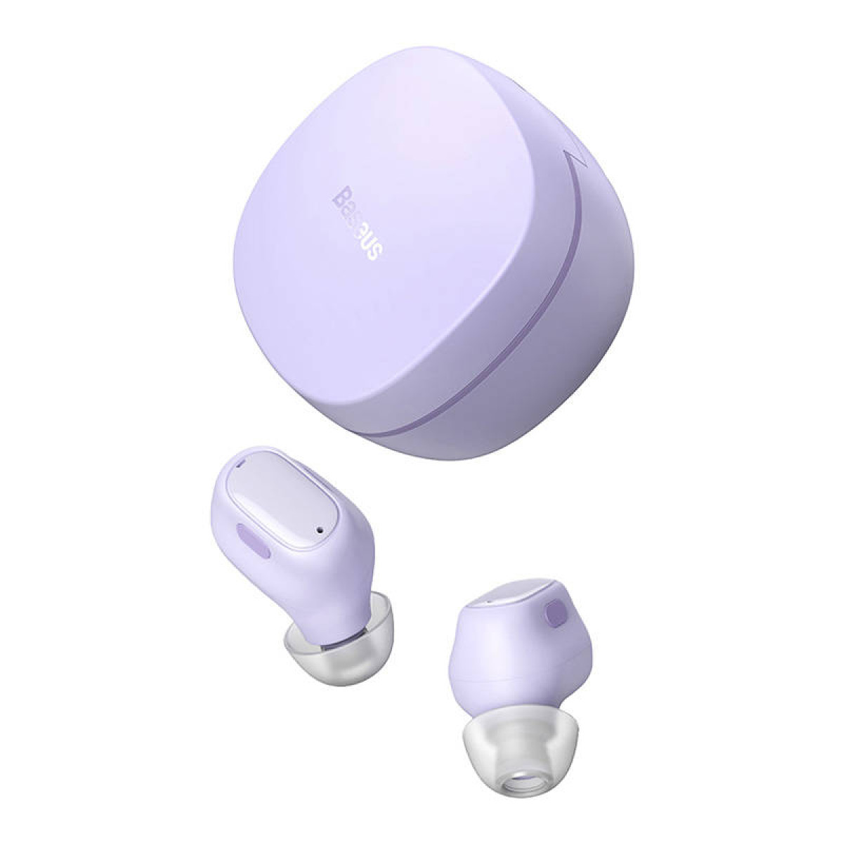Auricolari wireless viola e custodia di ricarica su sfondo bianco.