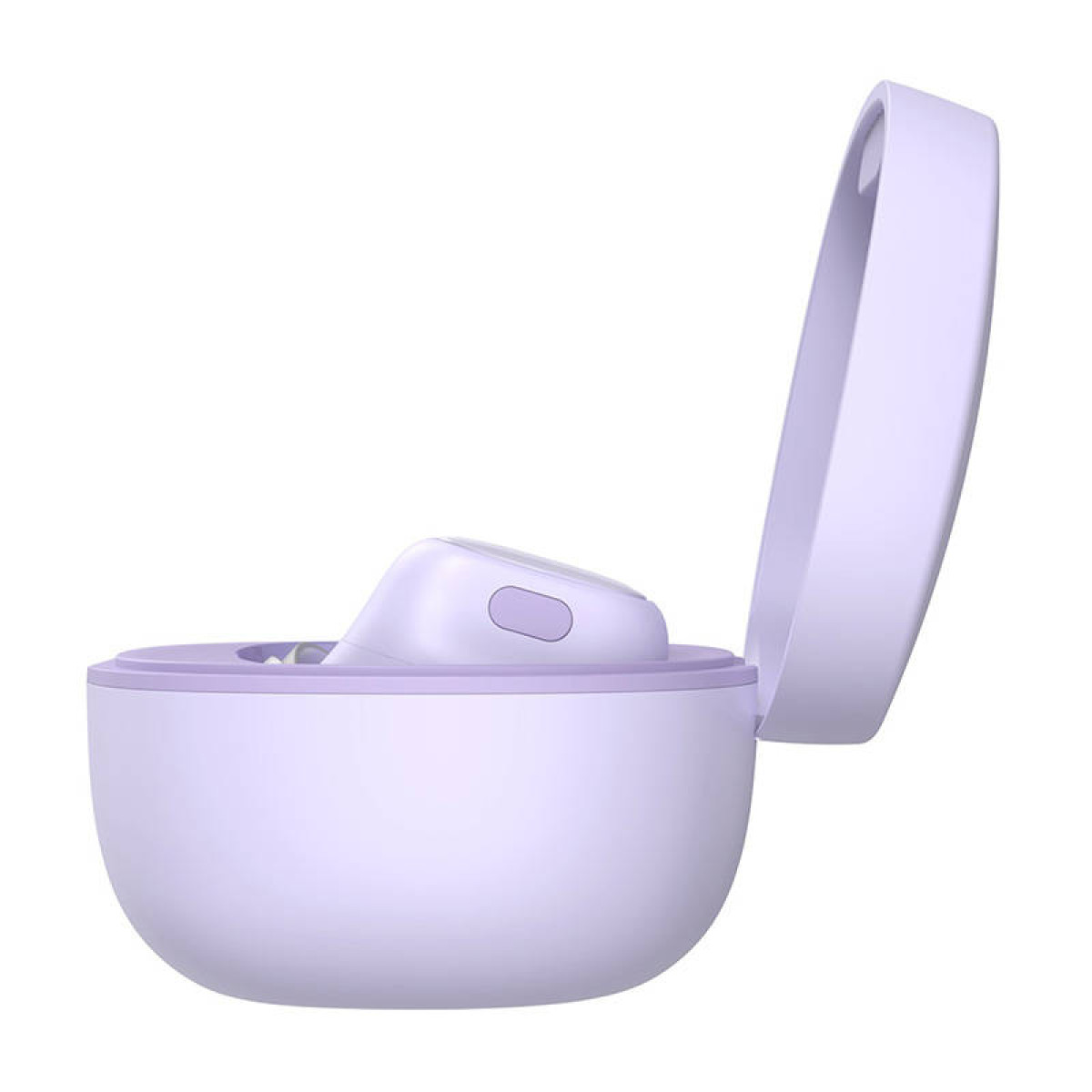 Un auricolare viola all'interno di una custodia di ricarica aperta.