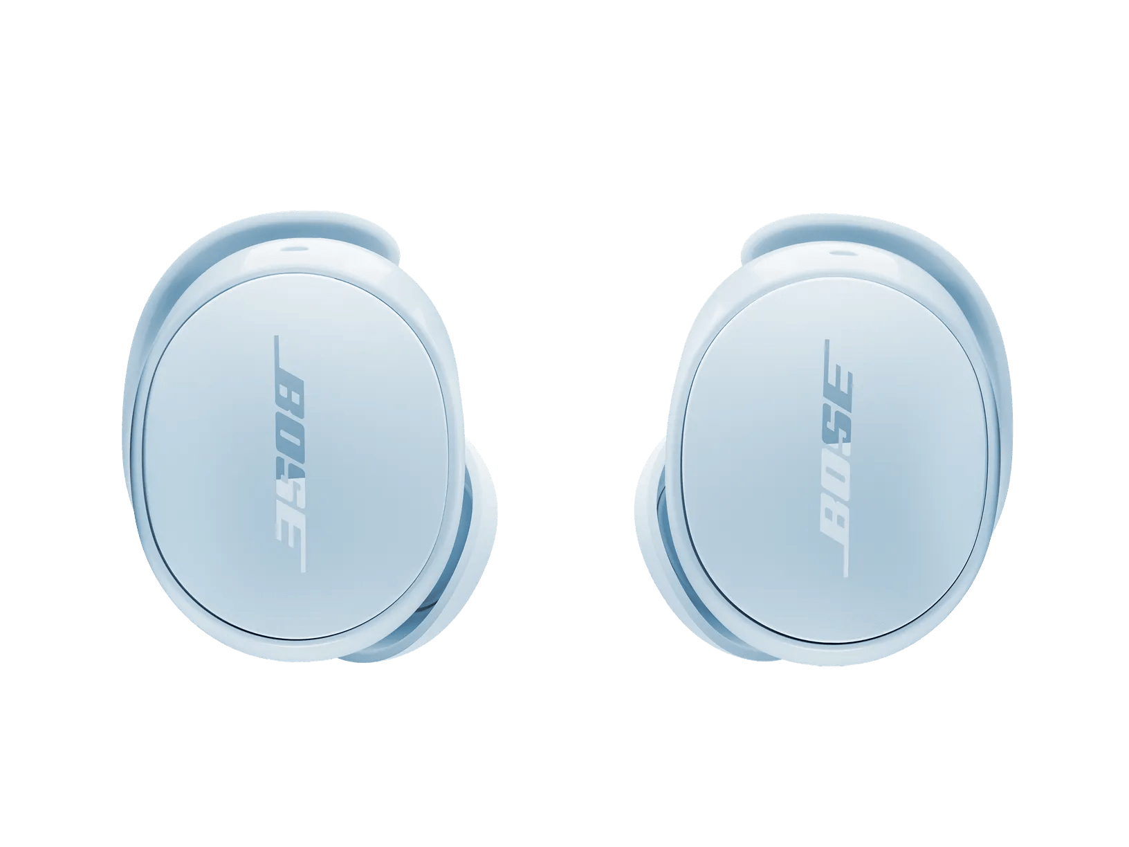 Due auricolari wireless Bose azzurri con il logo Bose centrato verticalmente, su sfondo bianco.