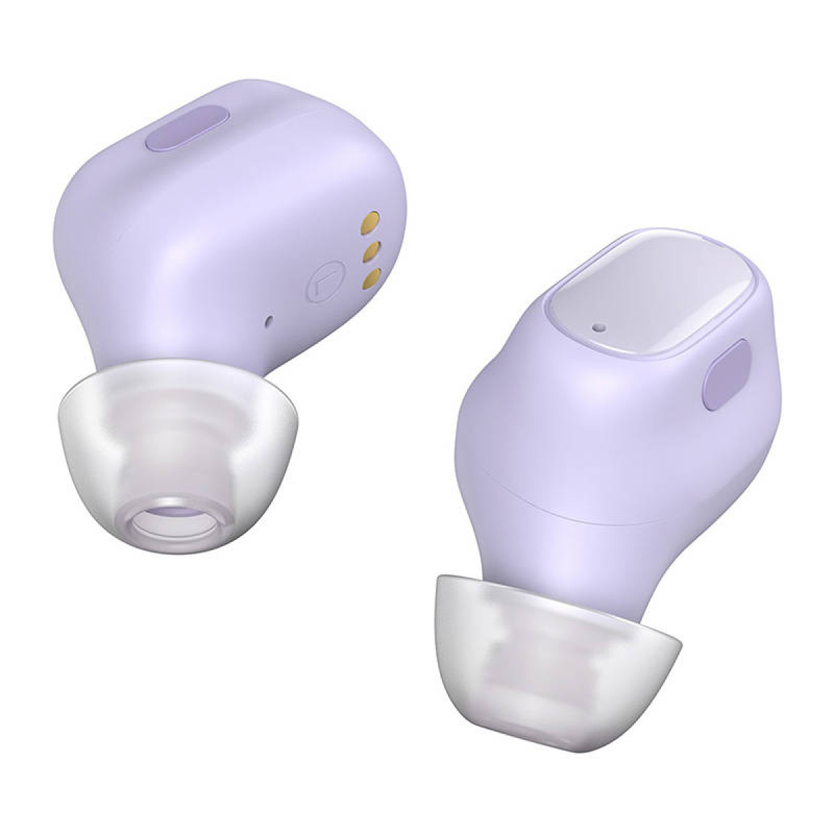 Due auricolari wireless lavanda con punte trasparenti su sfondo bianco.