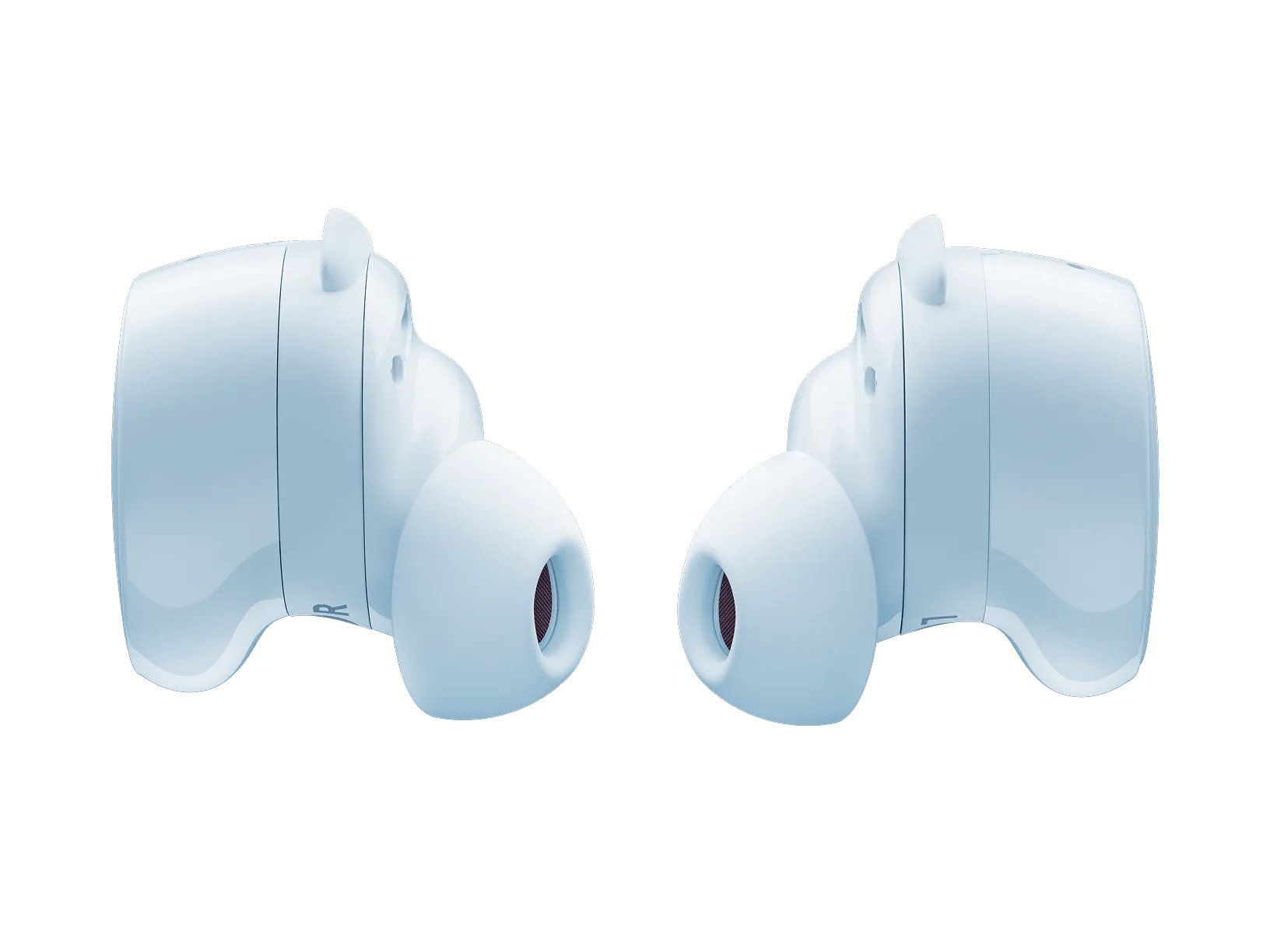 Due auricolari azzurri sono mostrati su uno sfondo bianco, uno di fronte all'altro, rivelando i loro gommini.