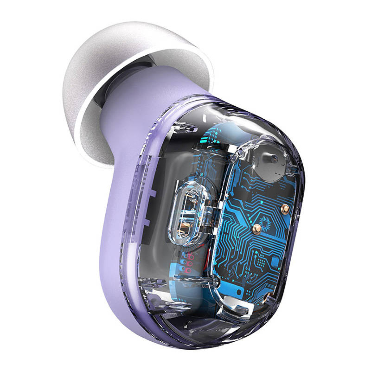 Un auricolare viola trasparente con circuiti interni visibili in blu e oro, angolato su uno sfondo bianco.