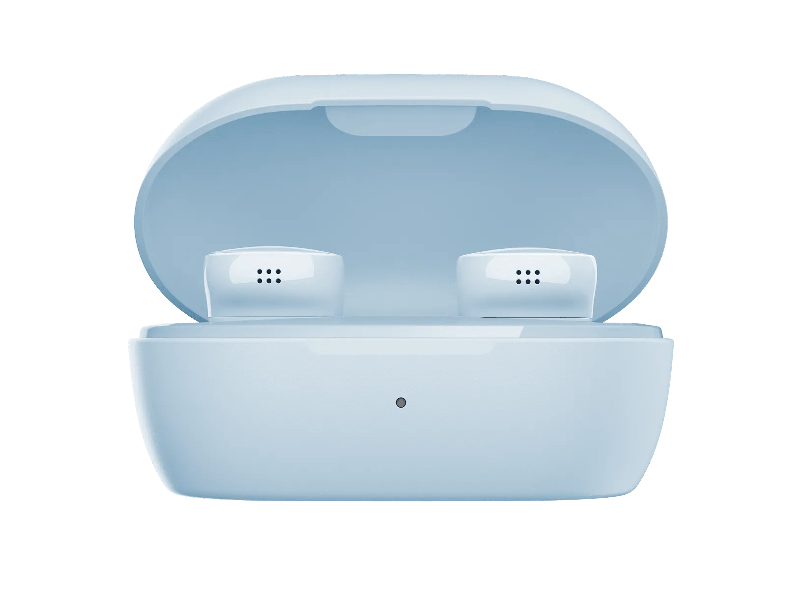 Auricolari wireless azzurri in una custodia di ricarica aperta, con due auricolari visibili, su sfondo bianco.
