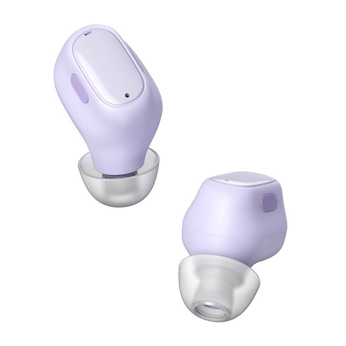 Due auricolari wireless viola chiaro con punte in silicone trasparente sono mostrati su uno sfondo bianco.