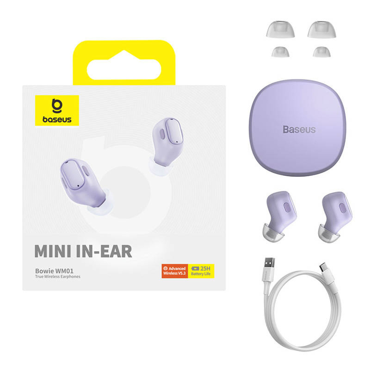 Una confezione con auricolari viola, custodia di ricarica, cavo e gommini.