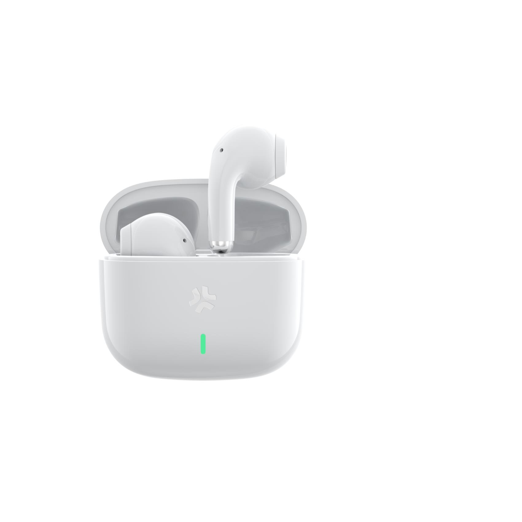 Auricolari wireless bianchi in una custodia di ricarica bianca con luce verde.