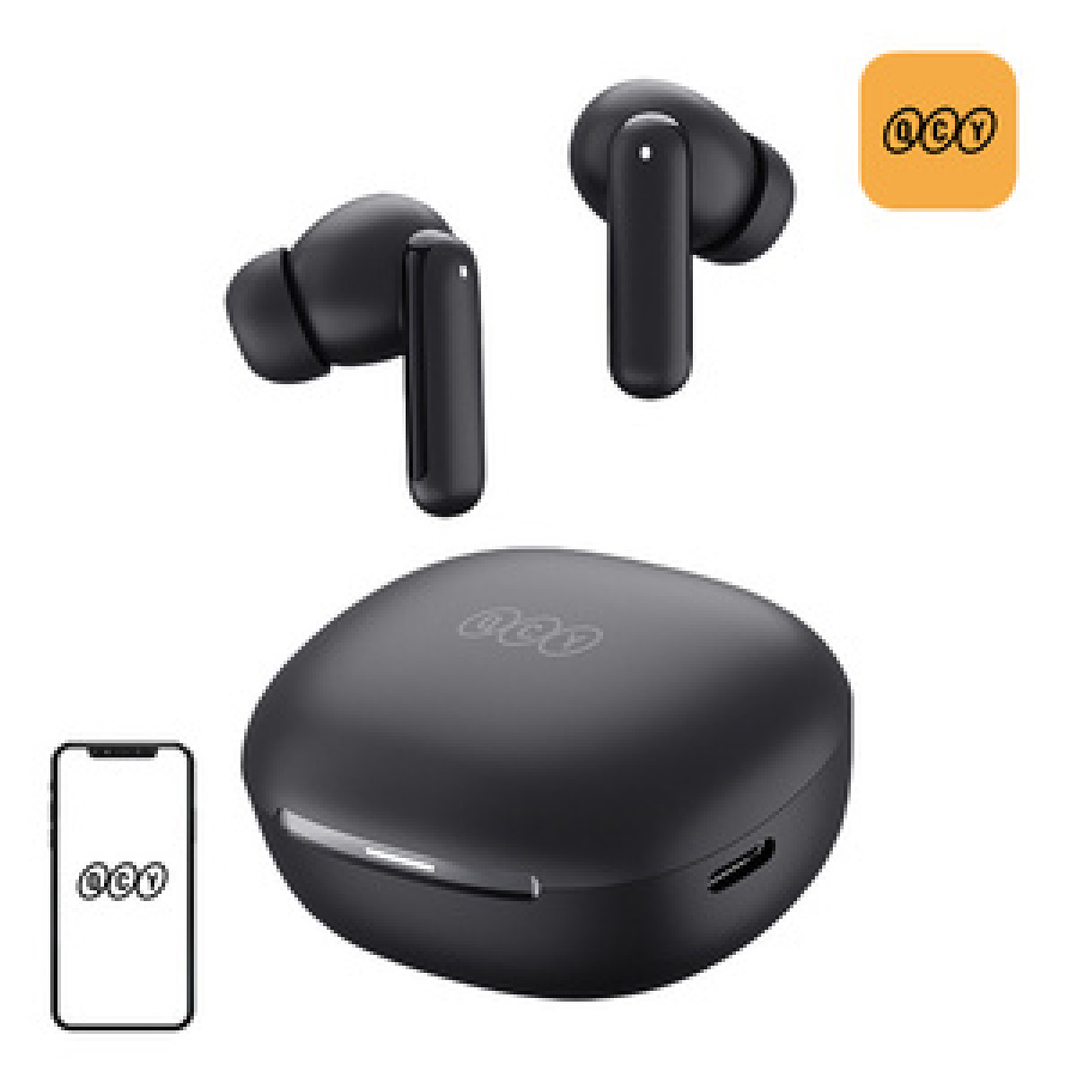 Auricolari wireless neri con custodia di ricarica e icona del telefono.