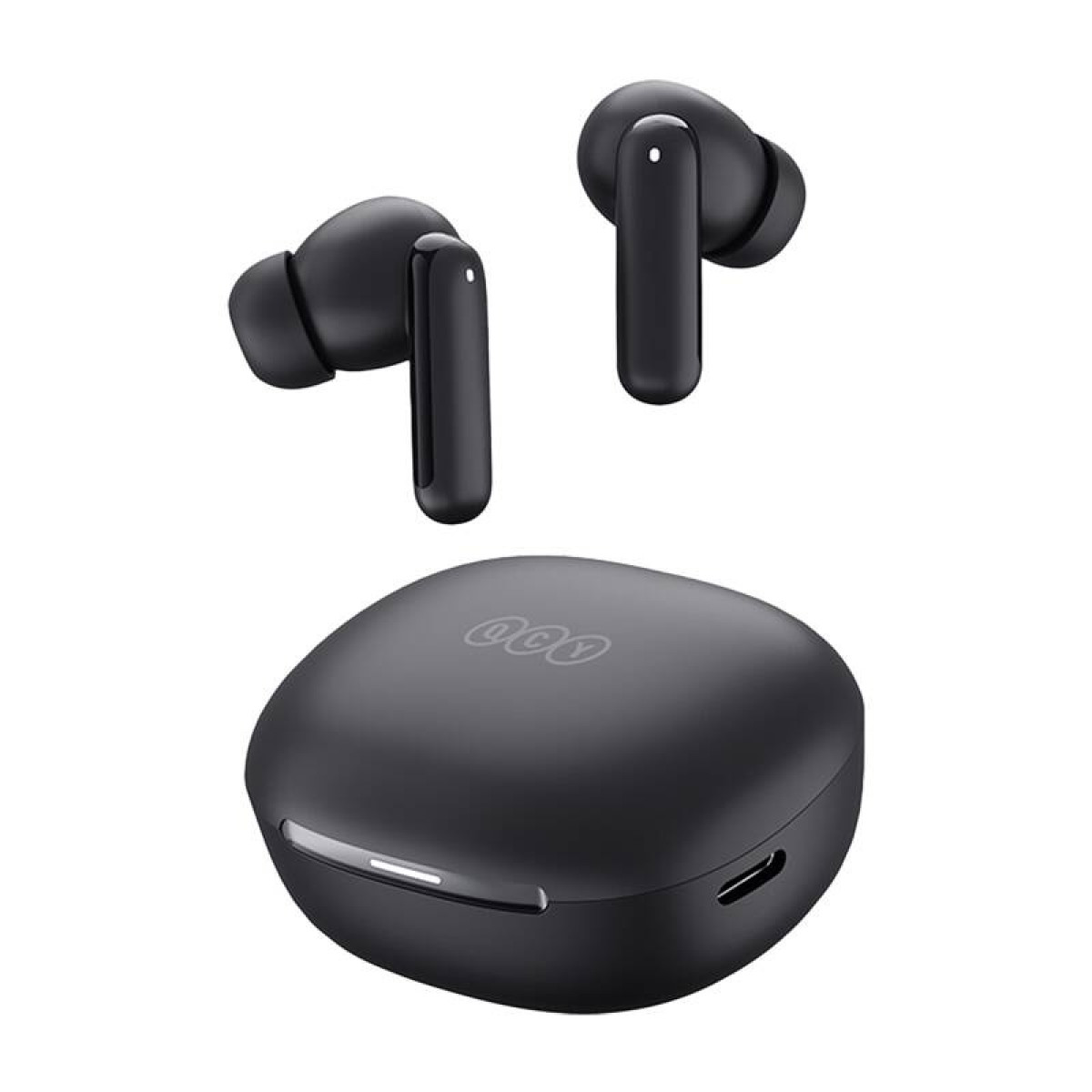 Auricolari wireless neri con custodia di ricarica, logo e indicatore.
