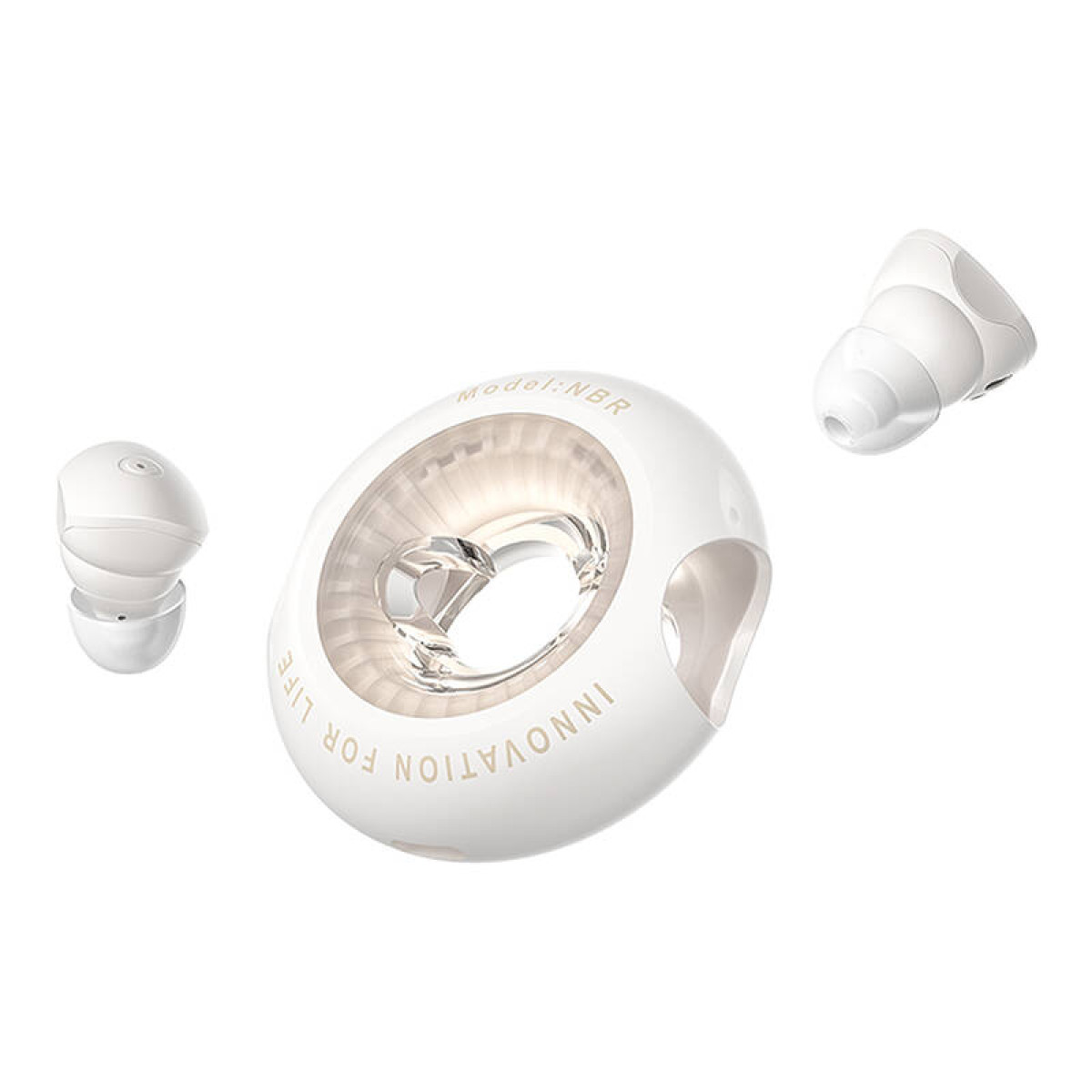Auricolari bianchi e custodia di ricarica con testo "INNOVATION FOR LIFE".