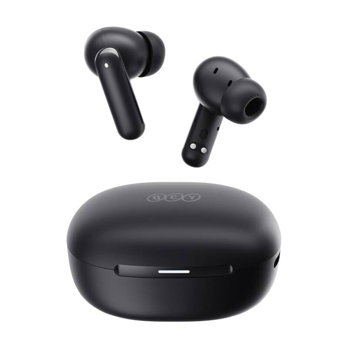 Due auricolari wireless neri fluttuano sopra la loro custodia di ricarica nera abbinata, il tutto su uno sfondo bianco.