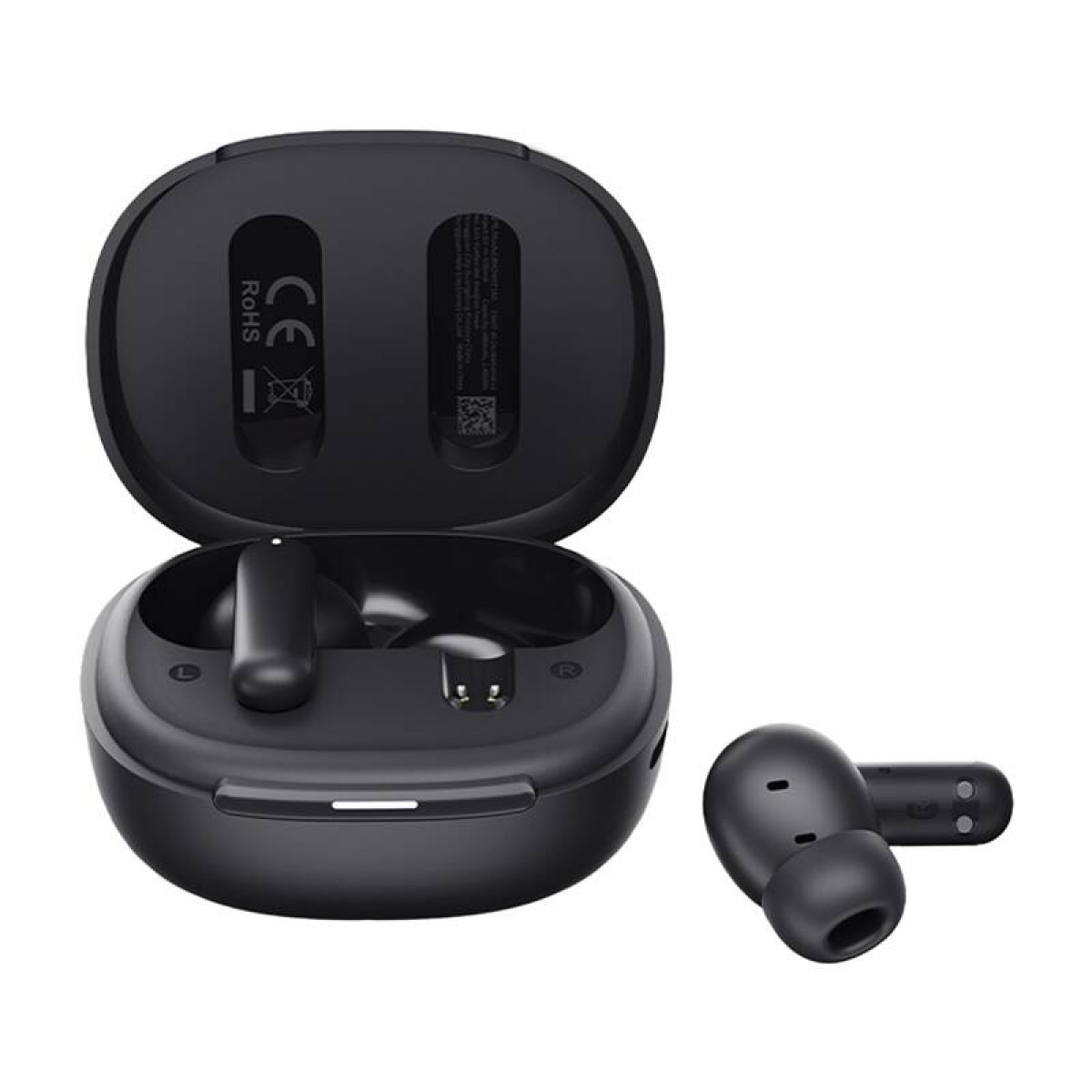 Auricolari wireless neri con custodia di ricarica, un auricolare a lato.
