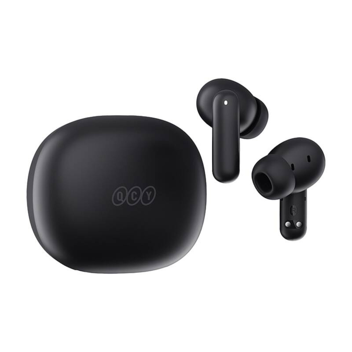 Custodia di ricarica nera e due auricolari wireless su sfondo bianco.