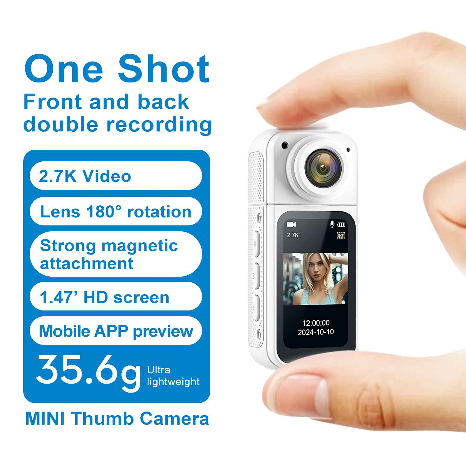Kompakte weiße Mini-Kamera mit 2,7K-Video, drehbarer Linse und Touchscreen.