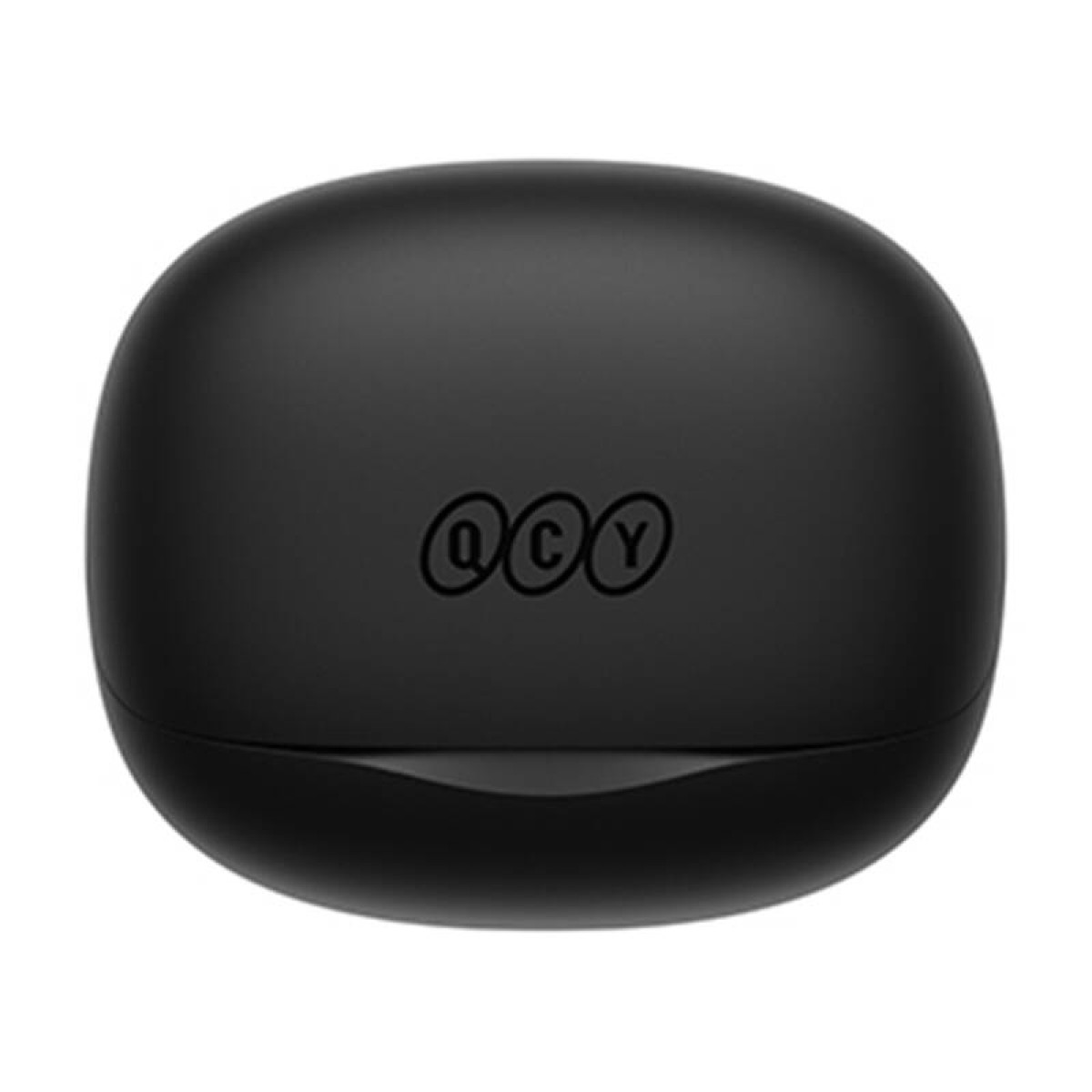 Ein schwarzes Ladeetui für Kopfhörer mit dem QCY-Logo auf der Vorderseite.