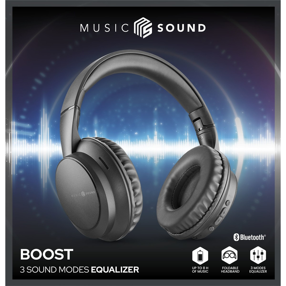 Cuffie nere con logo Music Sound su sfondo blu di onde sonore.