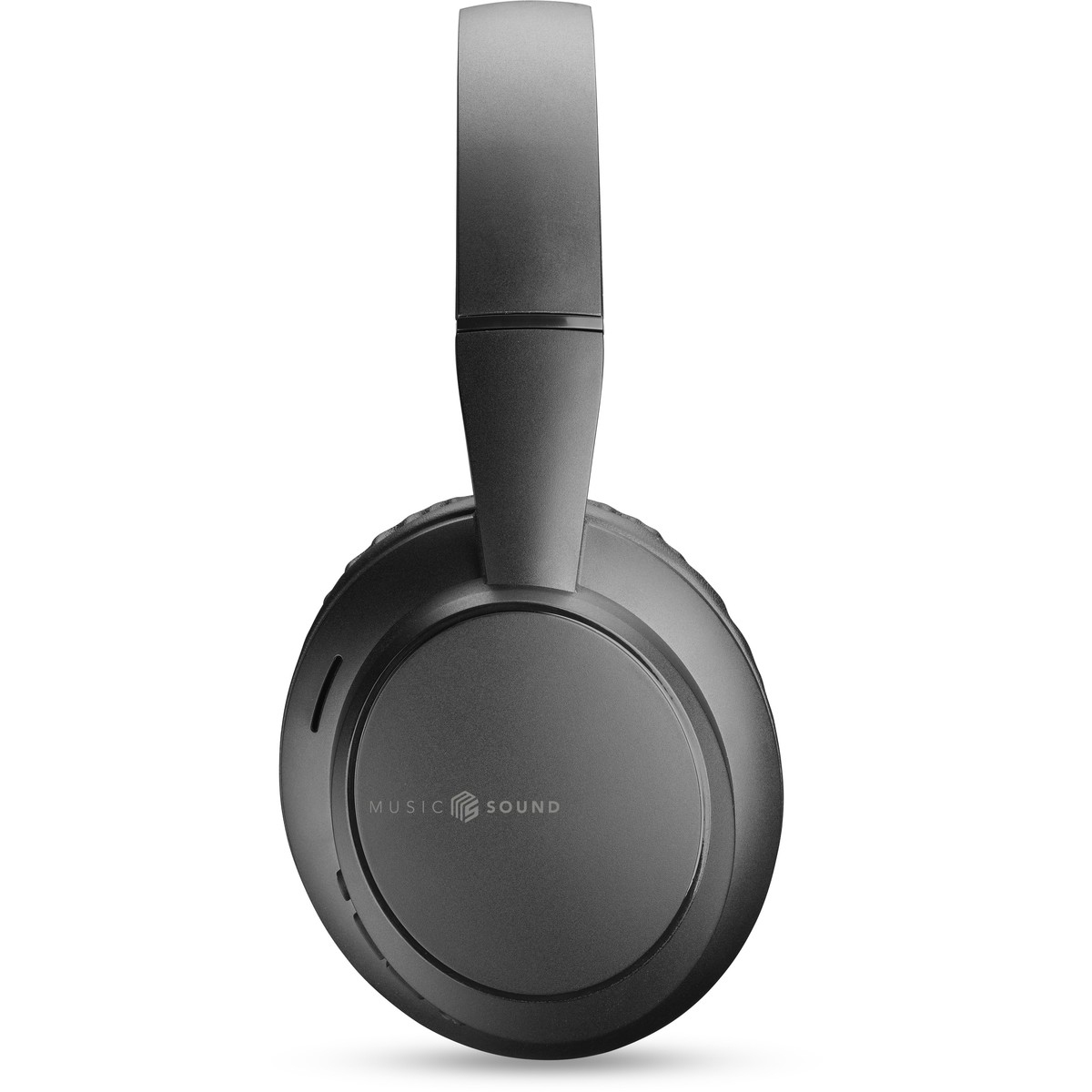 Un paio di cuffie wireless grigio scuro con il logo 'MUSIC SOUND' sul padiglione sinistro, viste frontalmente.
