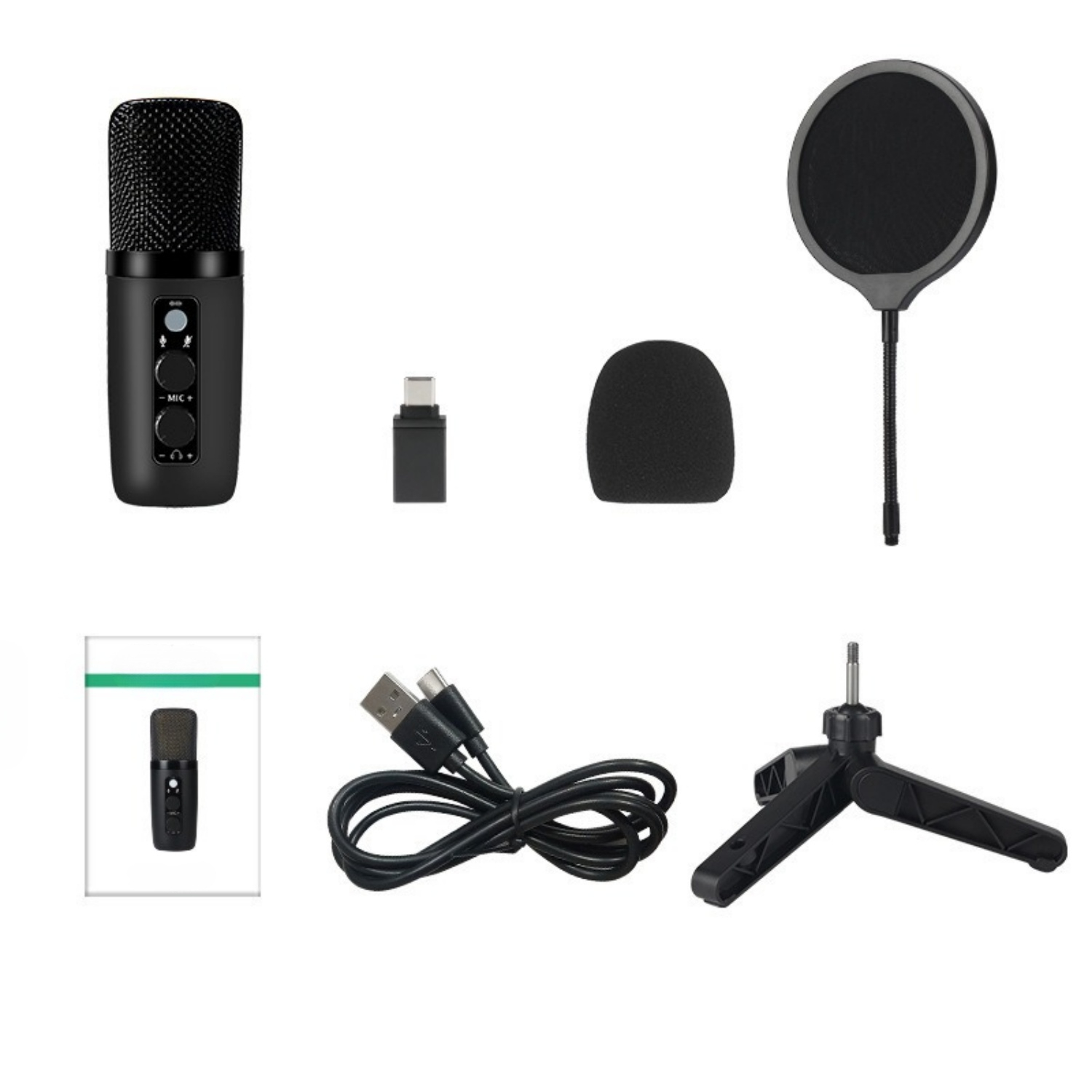 Schwarzes Mikrofon mit Zubehör: Popschutz, Windschutz, USB-Kabel, Stativhalterung und USB-C-Adapter.
