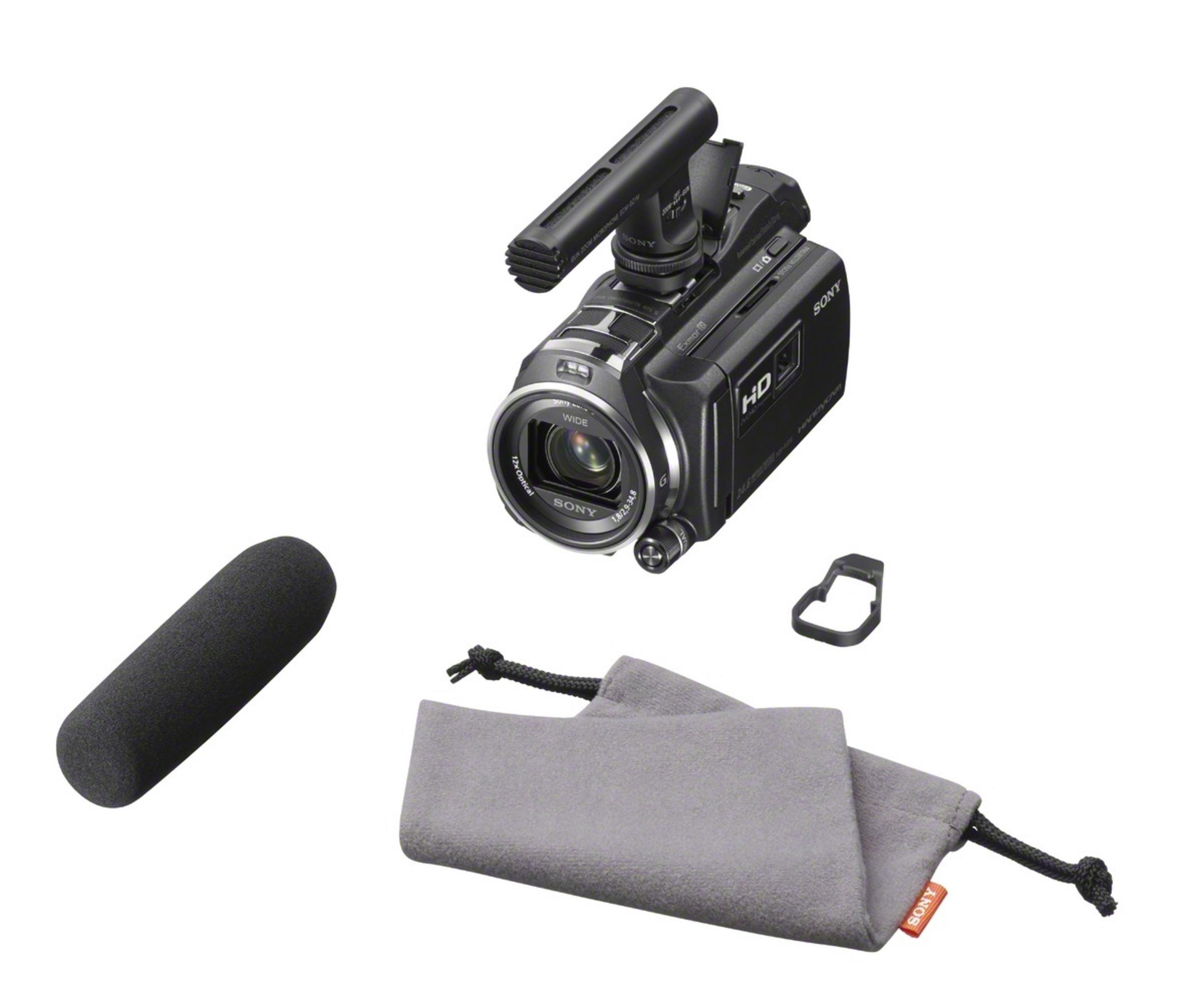 Videocámara Sony HD con accesorios: micrófono, paravientos, bolsa y soporte.