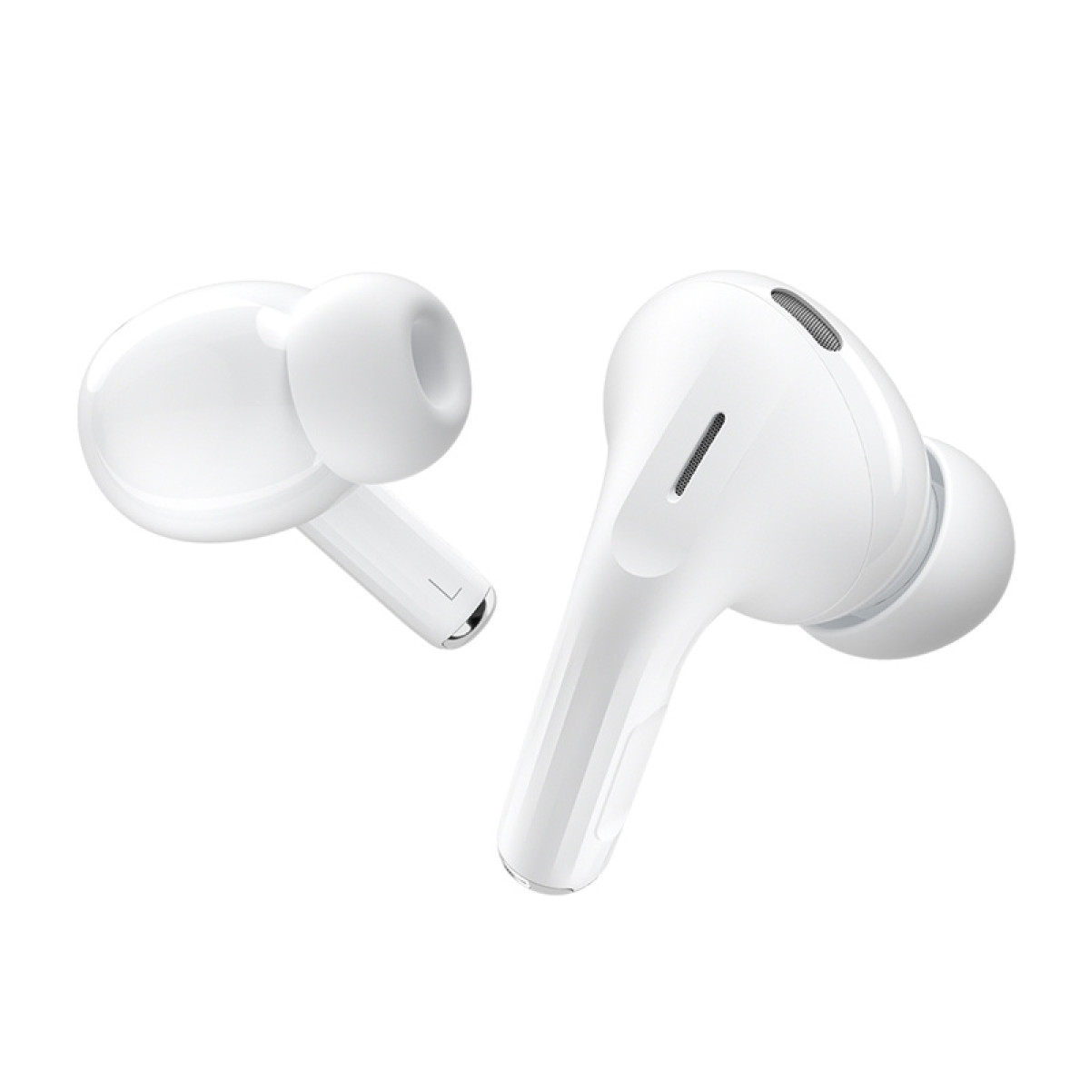 Due auricolari bianchi wireless, uno accanto all'altro su sfondo bianco.
