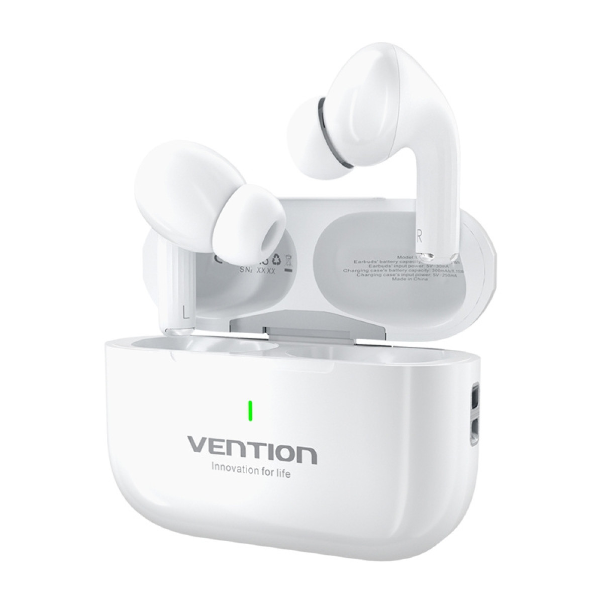 Auricolari wireless bianchi in custodia di ricarica aperta con logo VENTION.