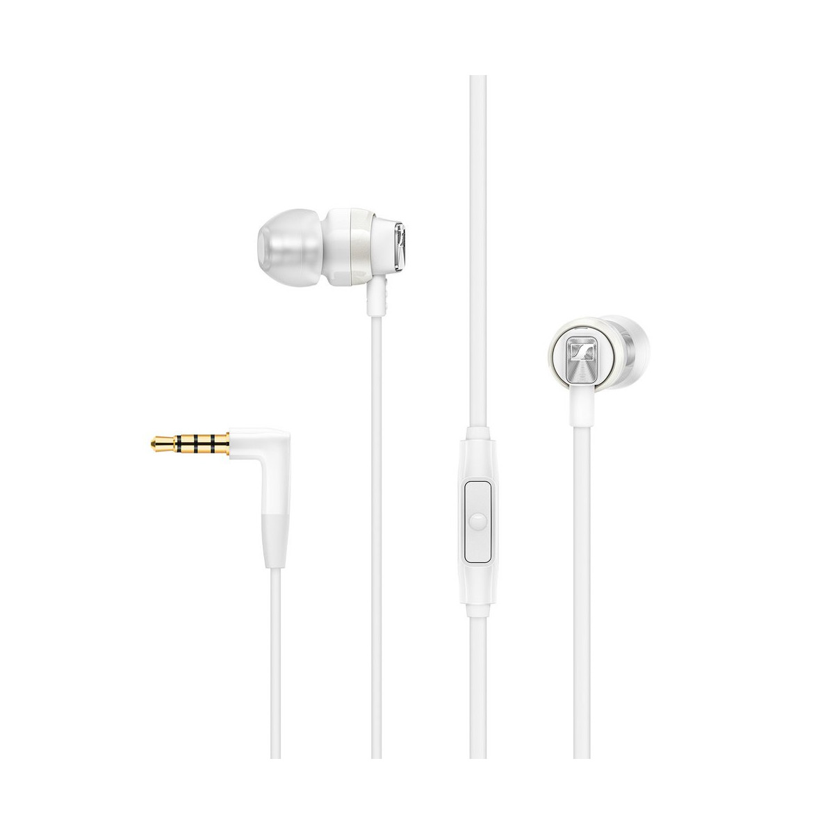 Auricolari bianchi con jack da 3,5 mm e microfono in linea.