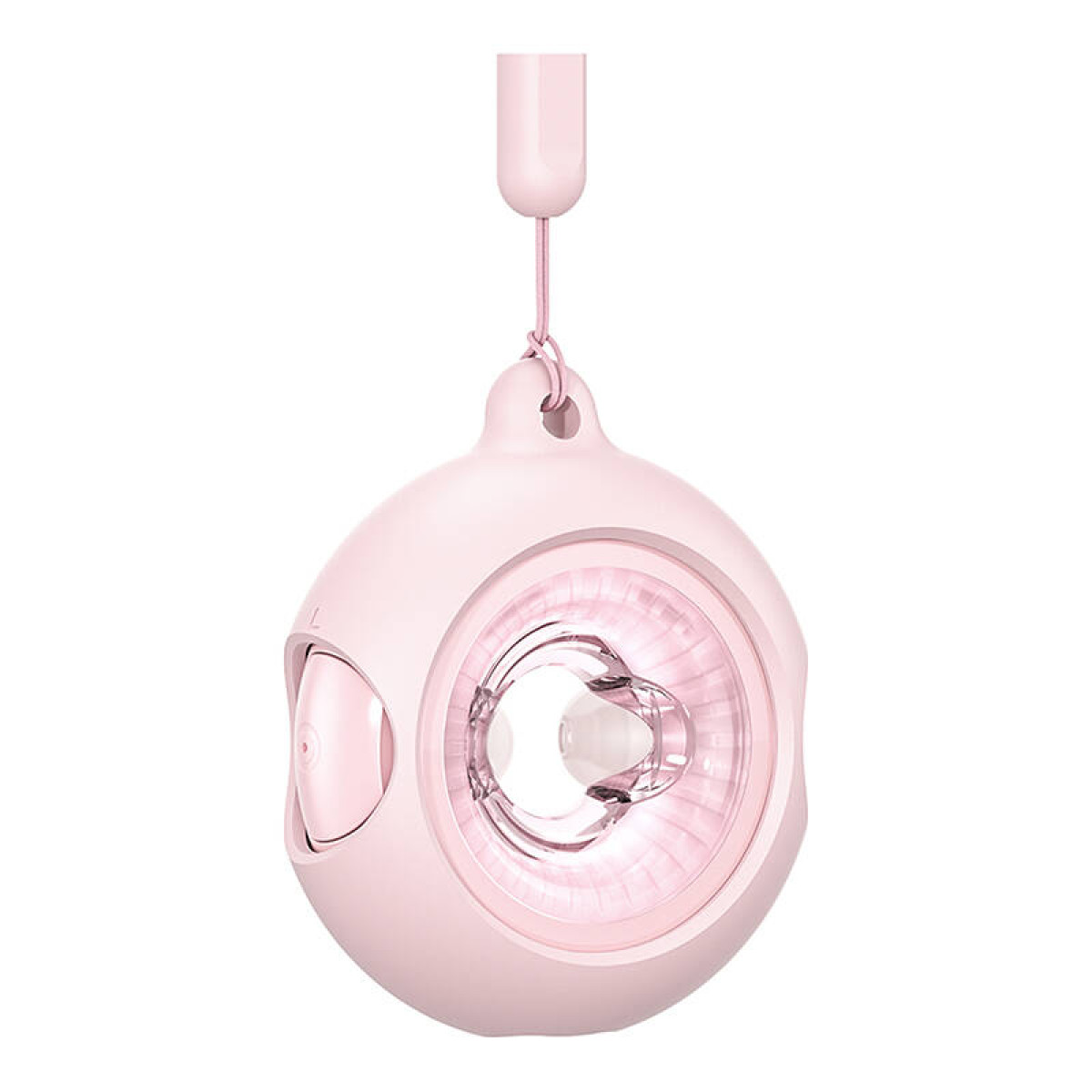 Ein rosafarbener, kugelförmiger Babyschnuller mit einem klaren, weichen Sauger und einer kleinen, rosafarbenen Befestigungsschlaufe oben, vertikal hängend.