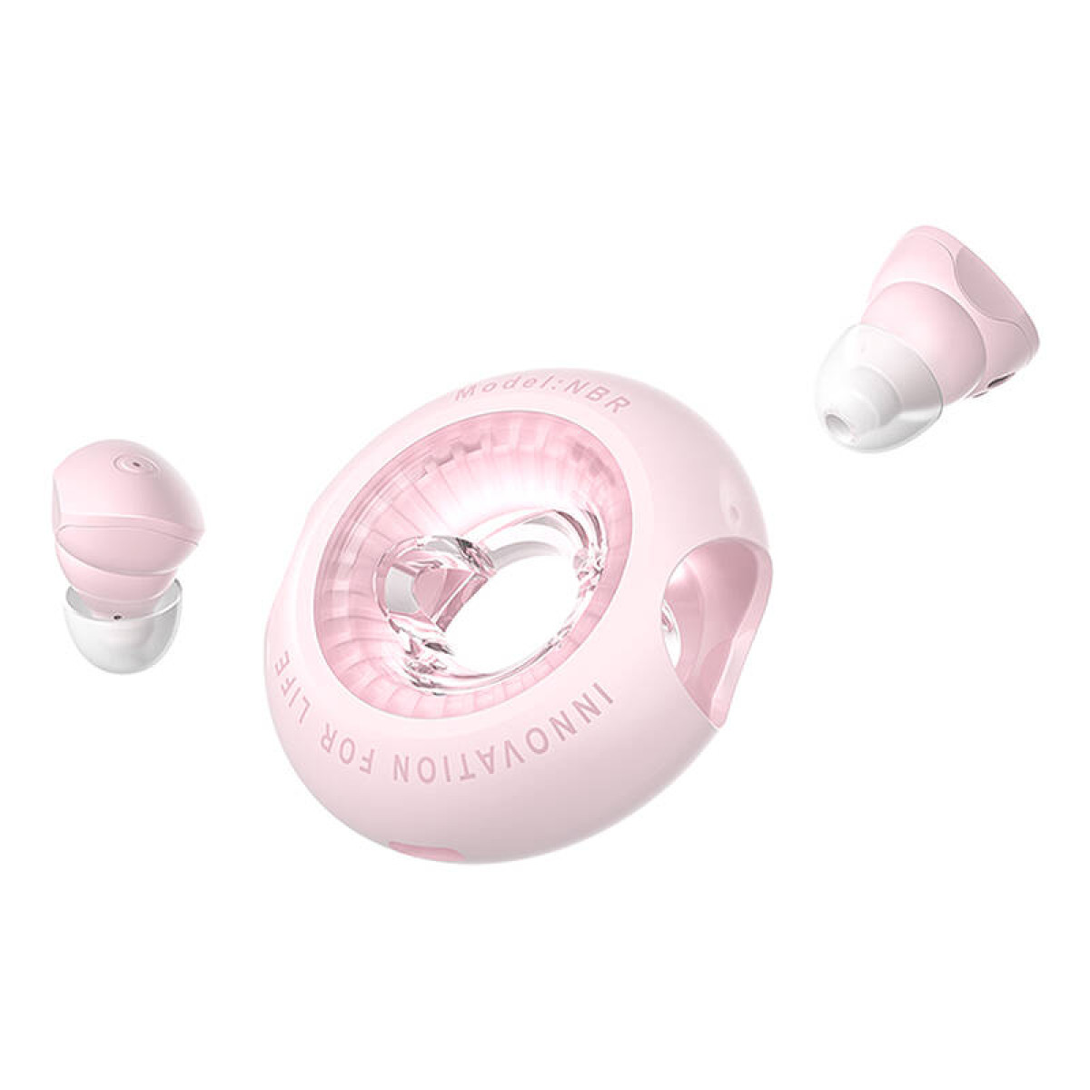 Drei rosa Ohrhörer mit Ladecase auf weißem Hintergrund. Einer im Case, zwei daneben.