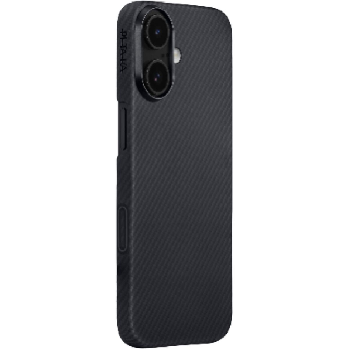 Teléfono gris oscuro con carcasa texturizada y cámara dual.