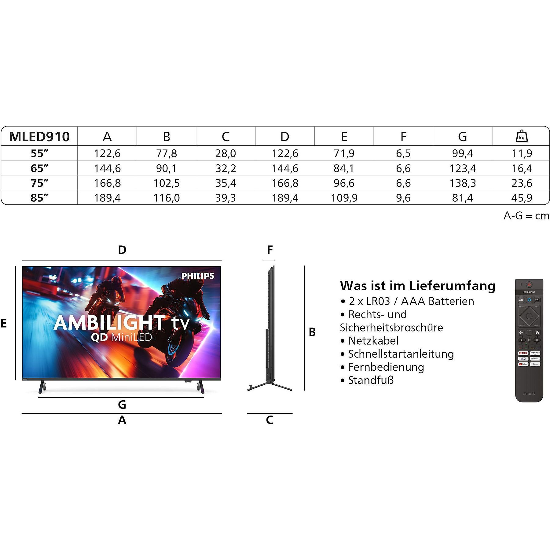 Specyfikacje techniczne i wymiary telewizora Philips Ambilight z pilotem i akcesoriami.