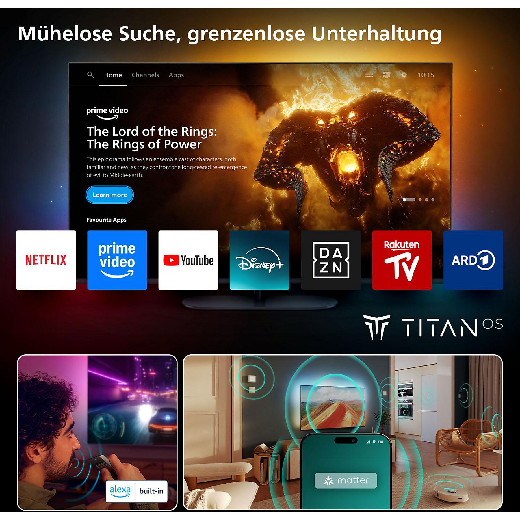 Smart TV z aplikacjami jak Netflix i Prime Video oraz integracją inteligentnego domu.