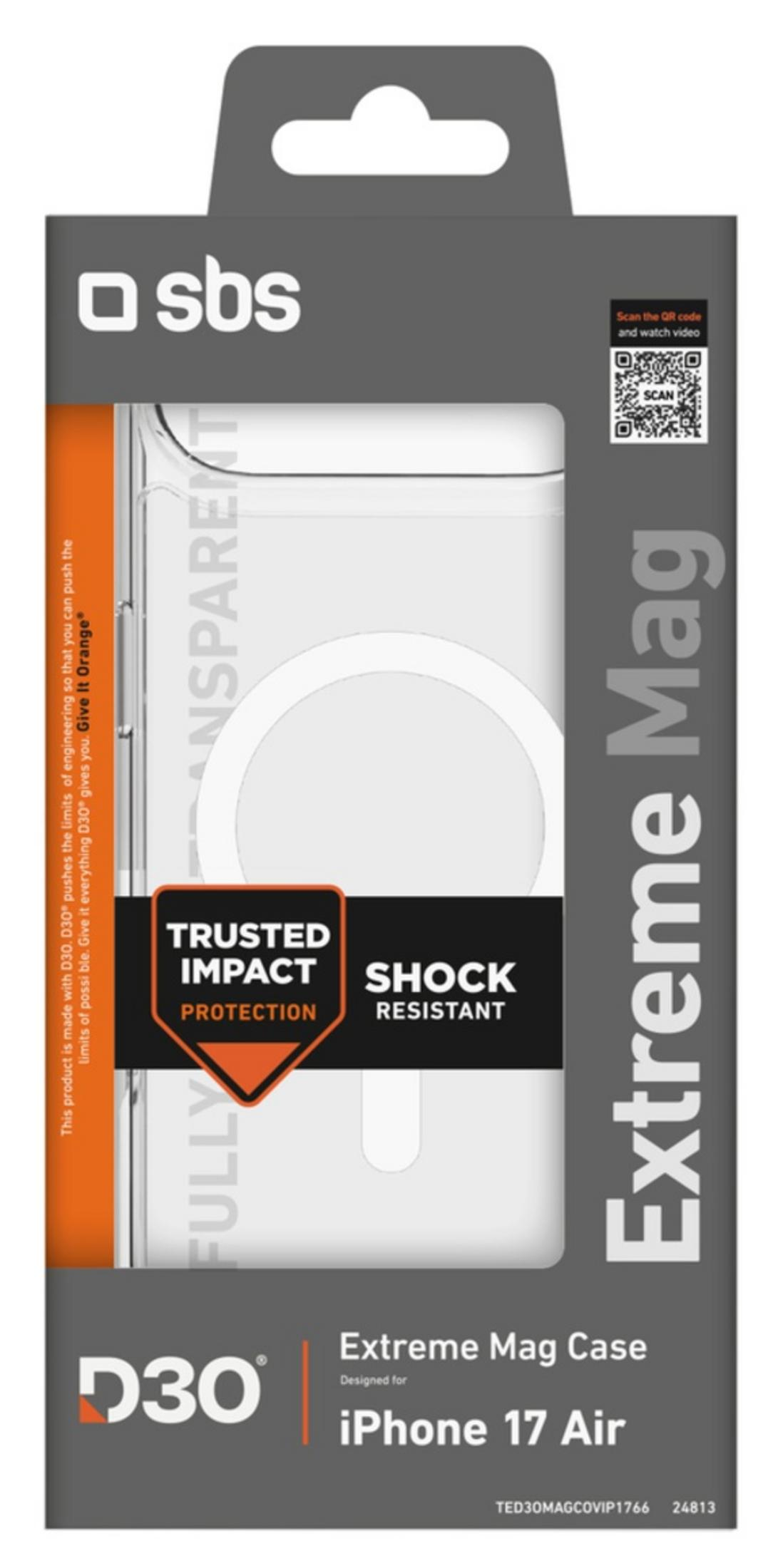 Una caja gris y naranja para una funda SBS Extreme Mag para iPhone 17 Air, destacando 