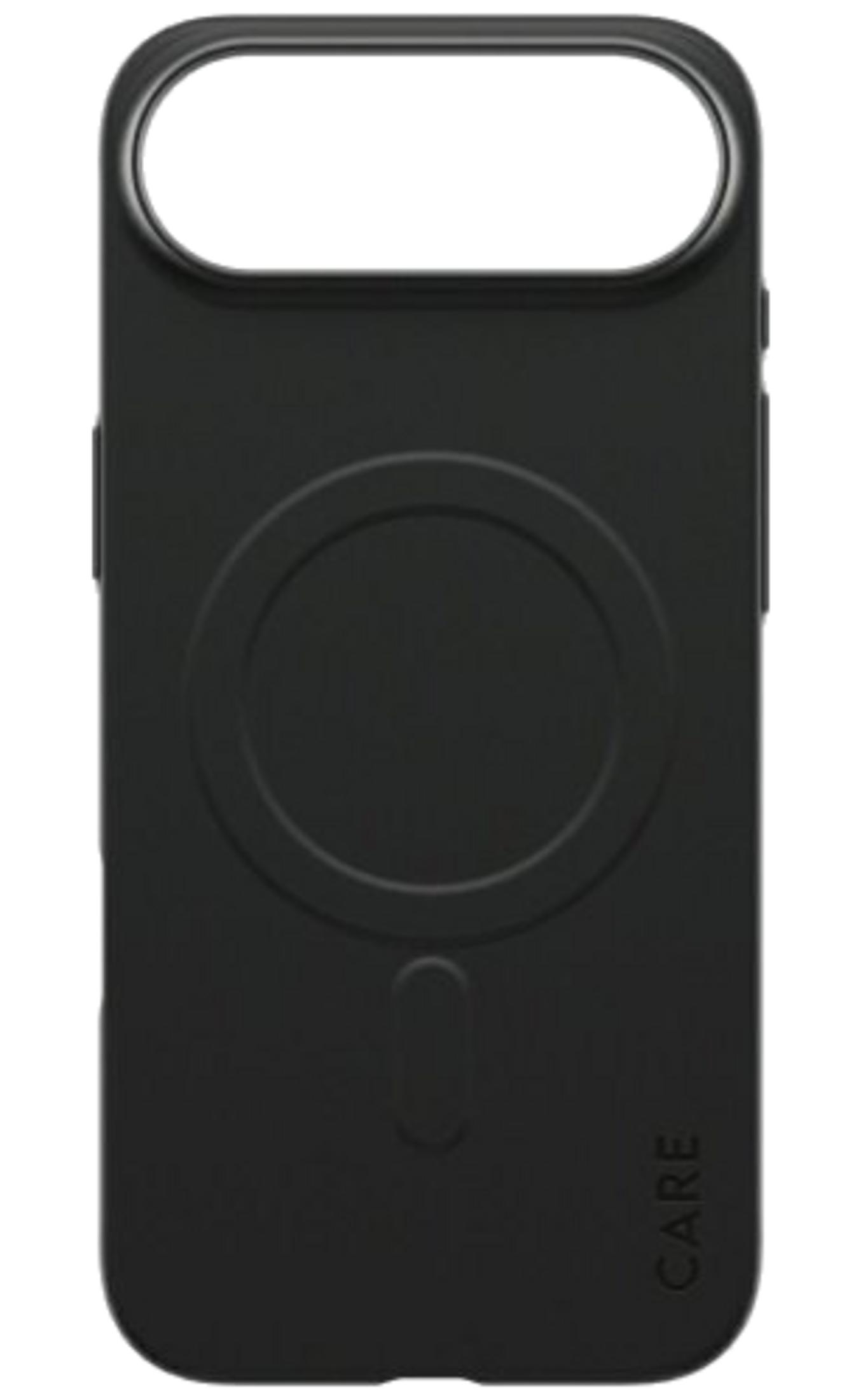 Schwarzes Handy Cover mit rundem MagSafe-Kreis und Text.
