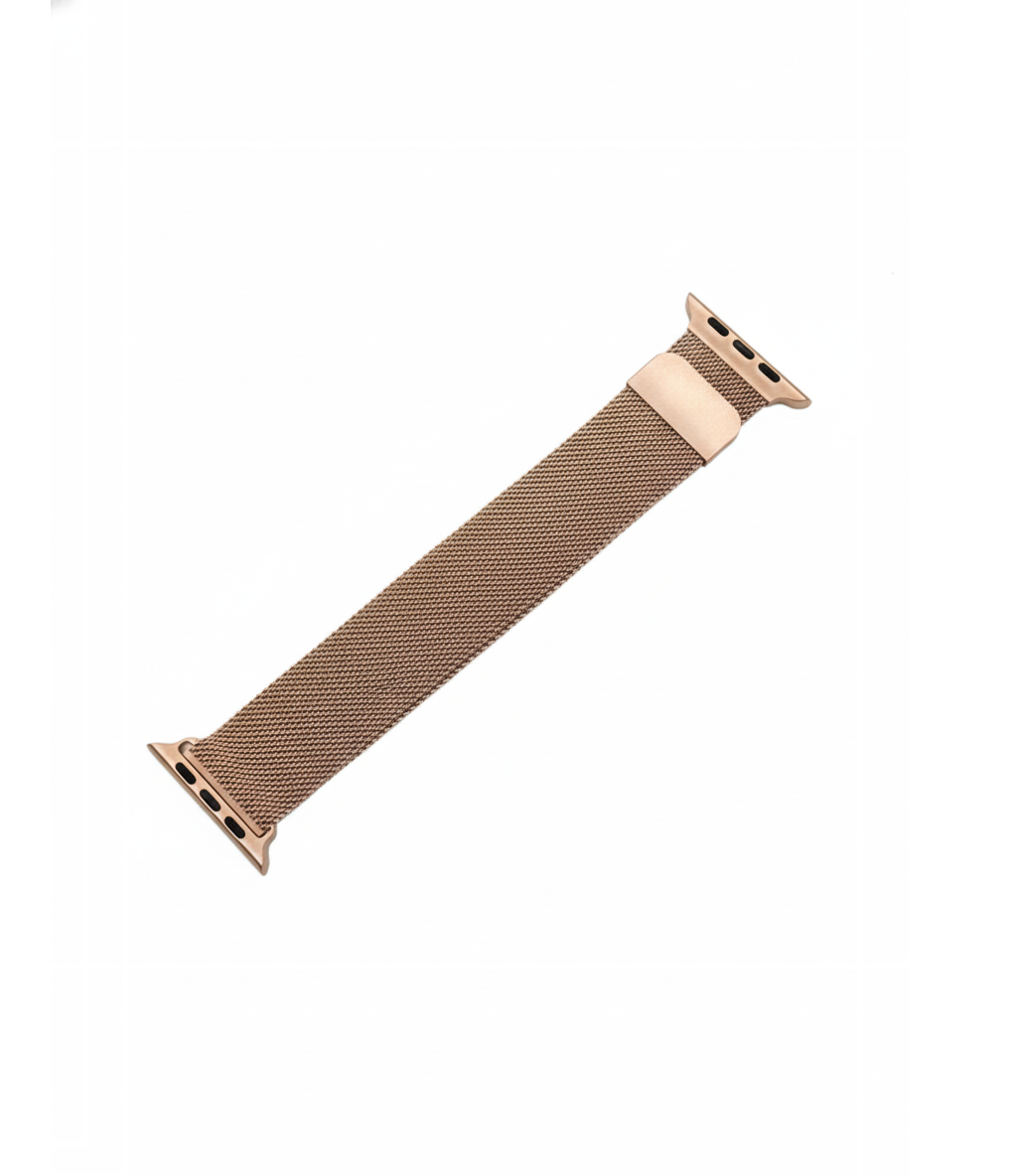 Ein roségoldenes Apple Watch-Armband aus Milanaise-Gewebe mit Magnetverschluss.