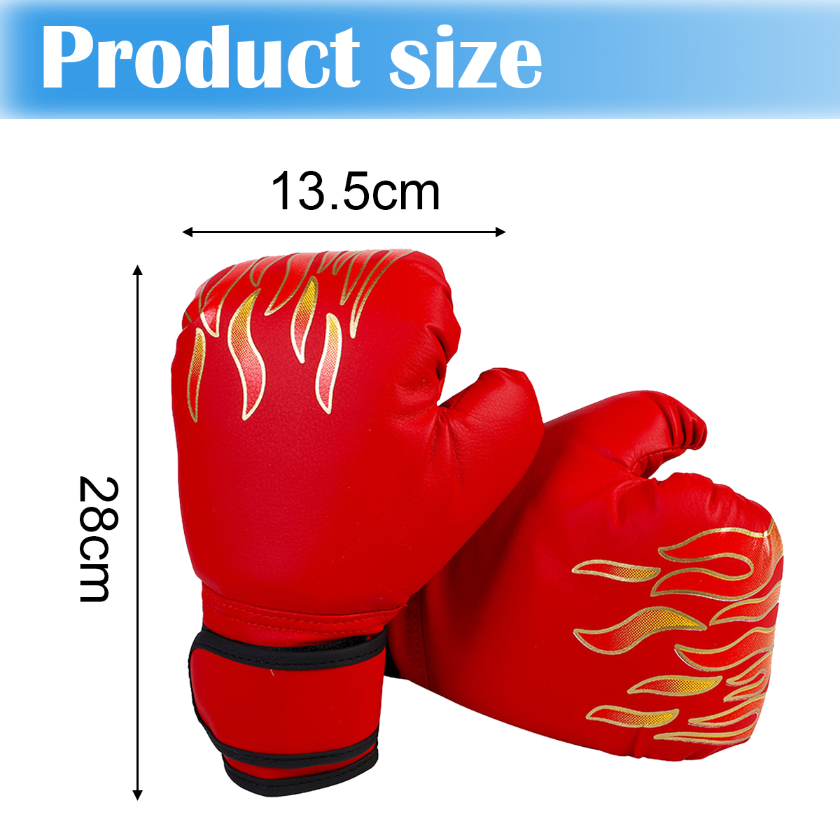 Rote Boxhandschuhe mit Flammenmuster, 28cm hoch, 13,5cm breit.