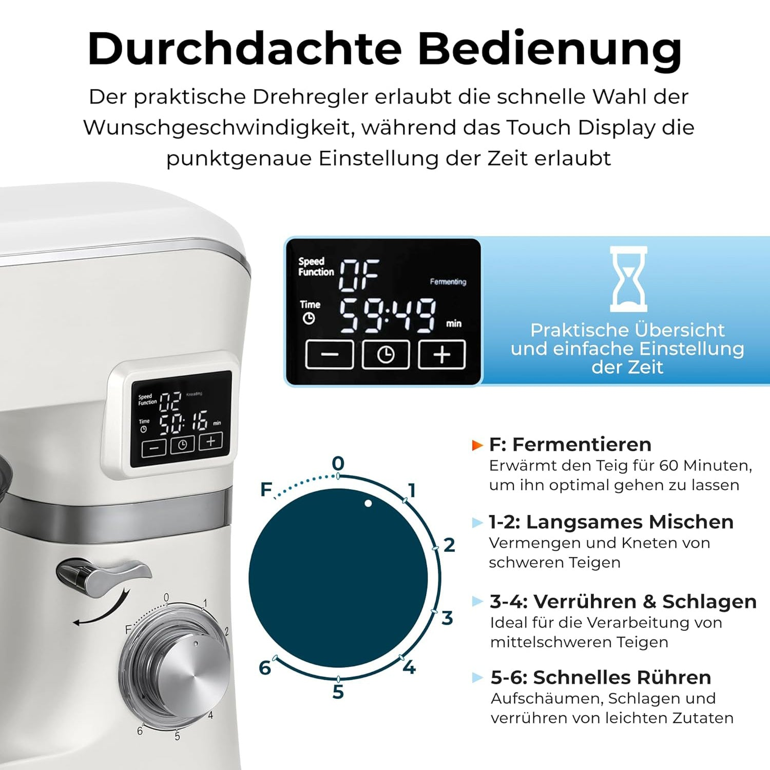 Küchenmaschine mit Touchscreen und Drehregler, der Funktionen und Zeit anzeigt.