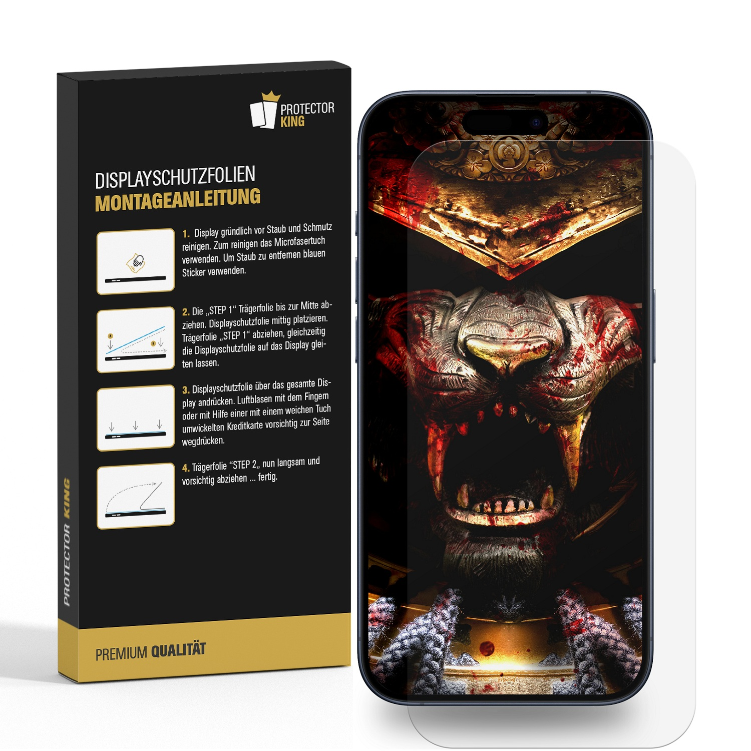 Verpackung mit Anleitung für Displayschutzfolie neben einem Smartphone mit Folie.
