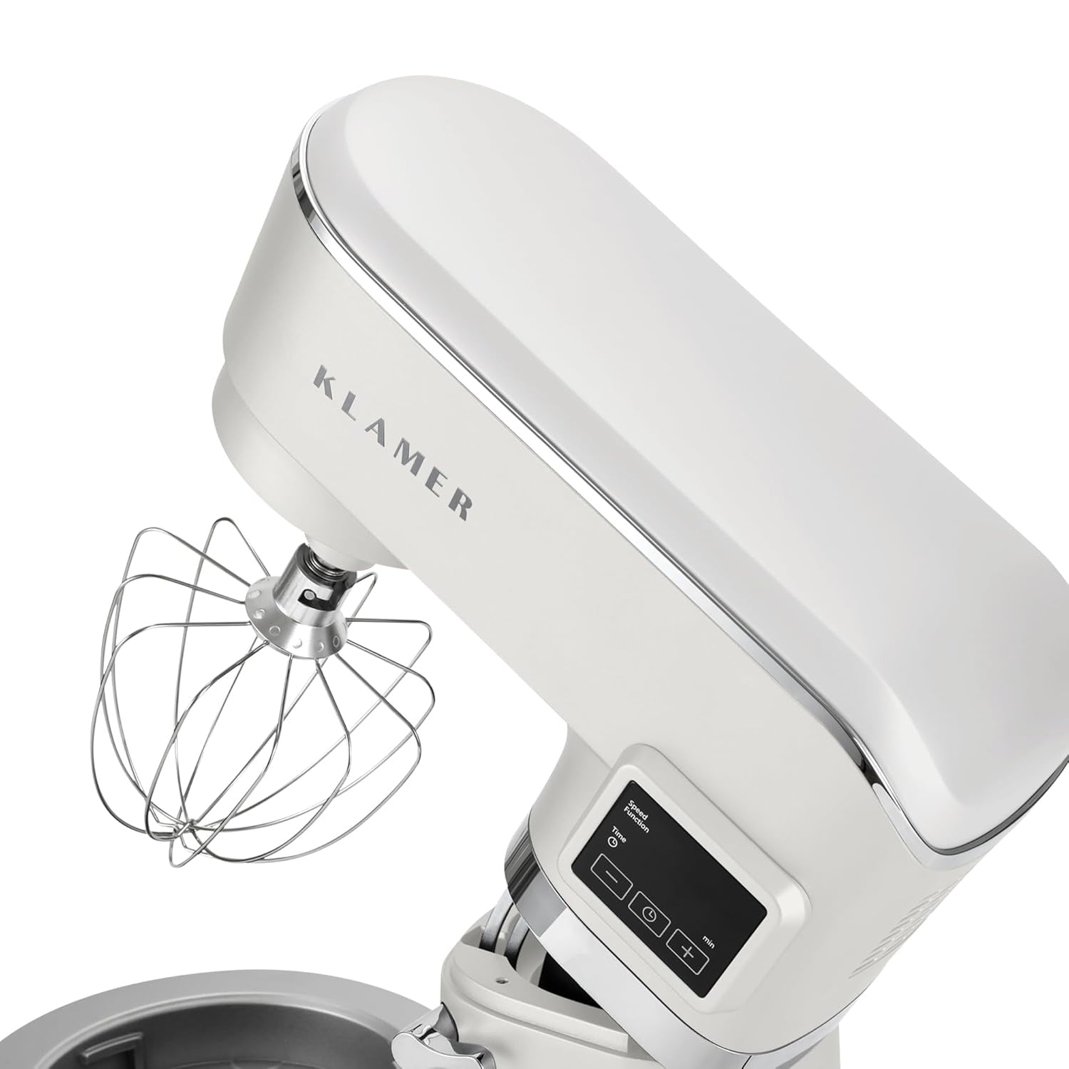 Ein weißer Küchenmixer mit silbernem Schneebesen und digitalem Display.