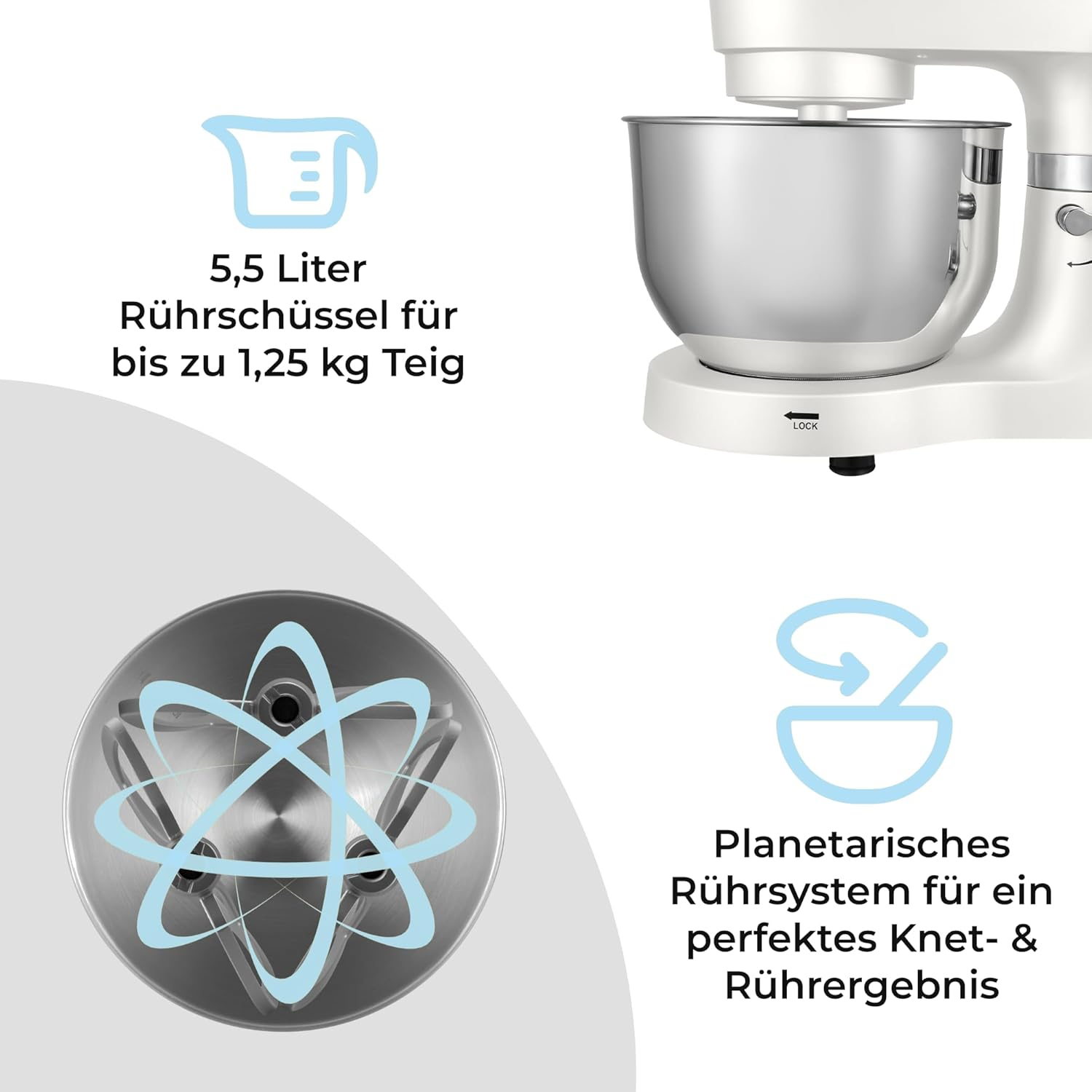 Ein weißer Standmixer mit 5,5-Liter-Schüssel und planetarischem Rührsystem.
