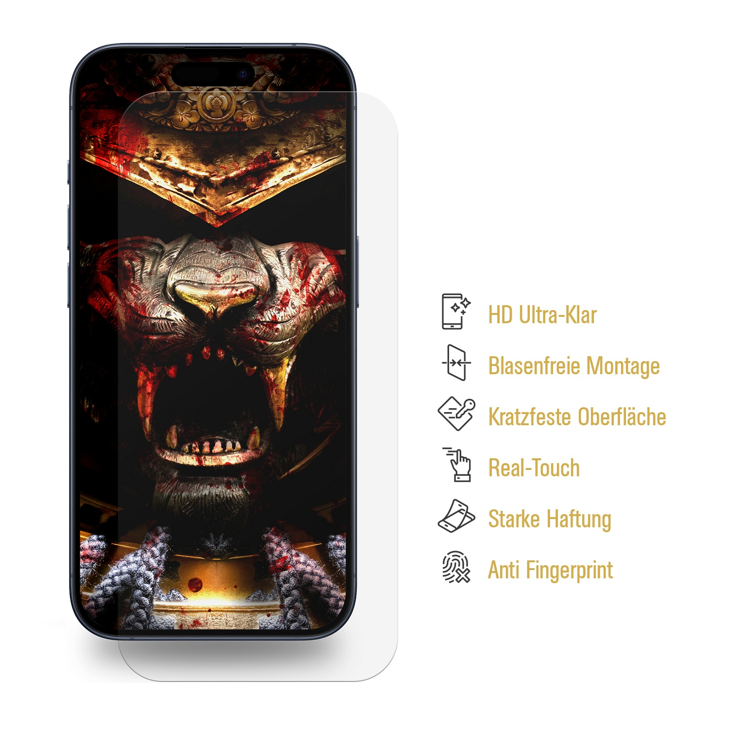 Schutzfolie mit Samurai-Löwen-Design für Smartphone, mit Merkmalen.