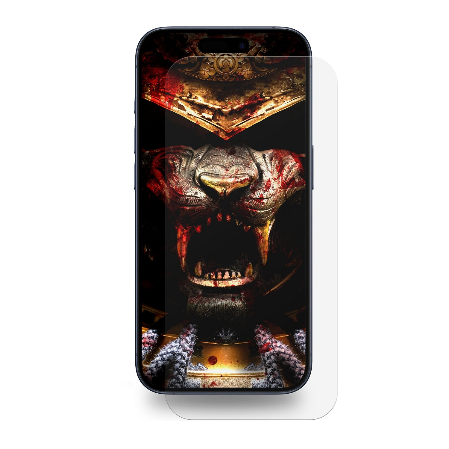 Ein Smartphone zeigt ein blutiges, gruseliges Löwen-Samurai-Bild mit goldenen Verzierungen.