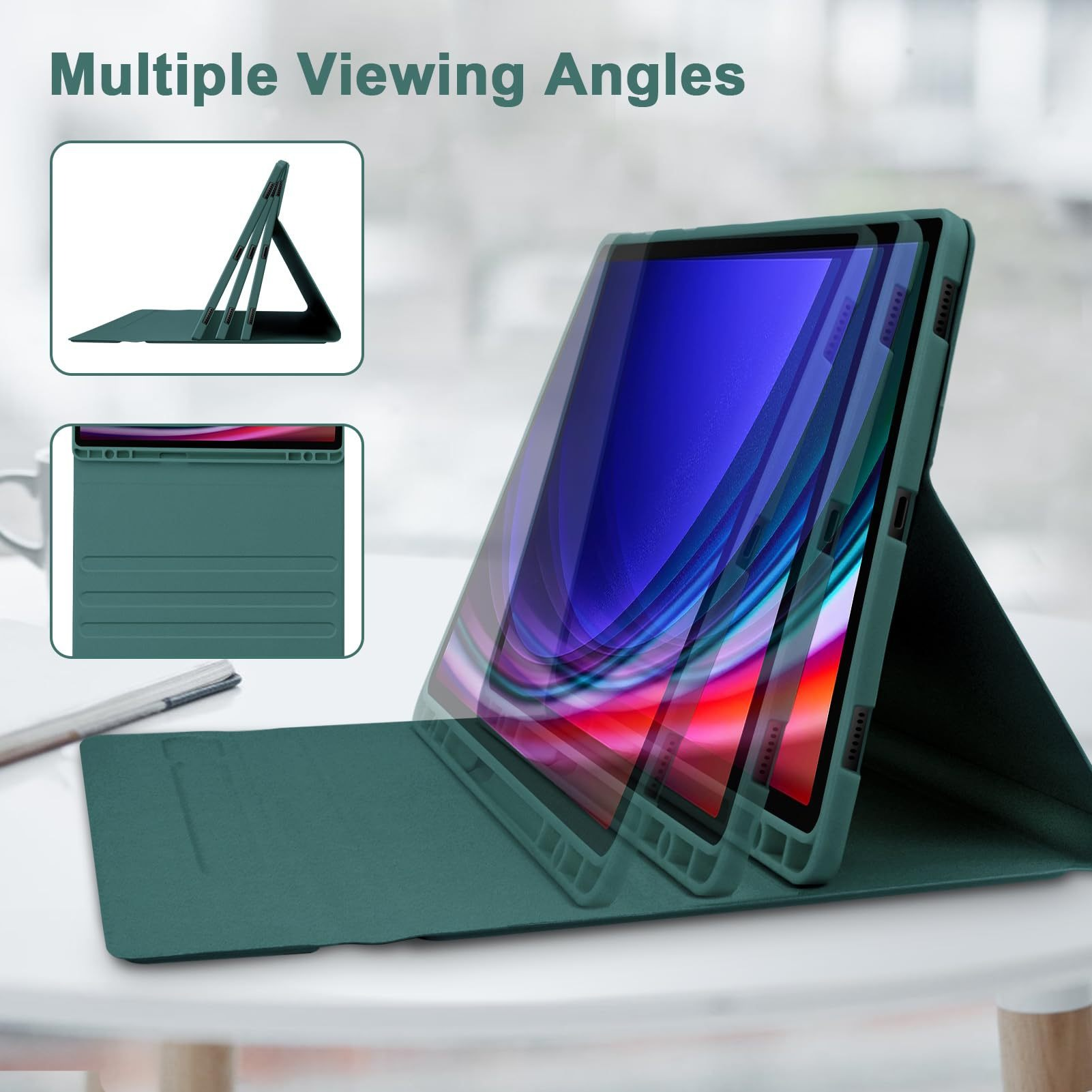 Zielone etui na tablet z podstawką. Pokazano wiele kątów widzenia.