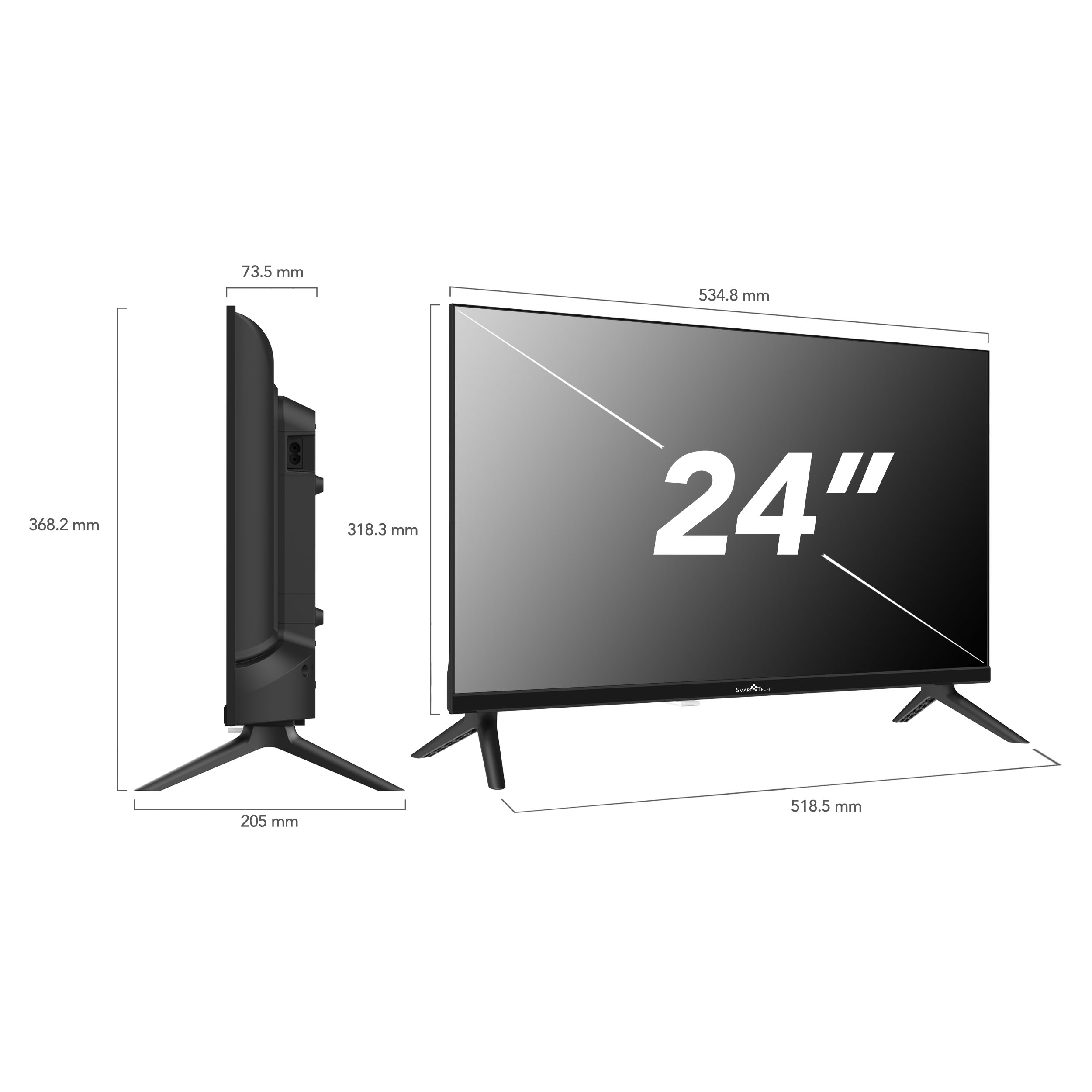 Un televisor de 24 pulgadas con soporte y dimensiones.