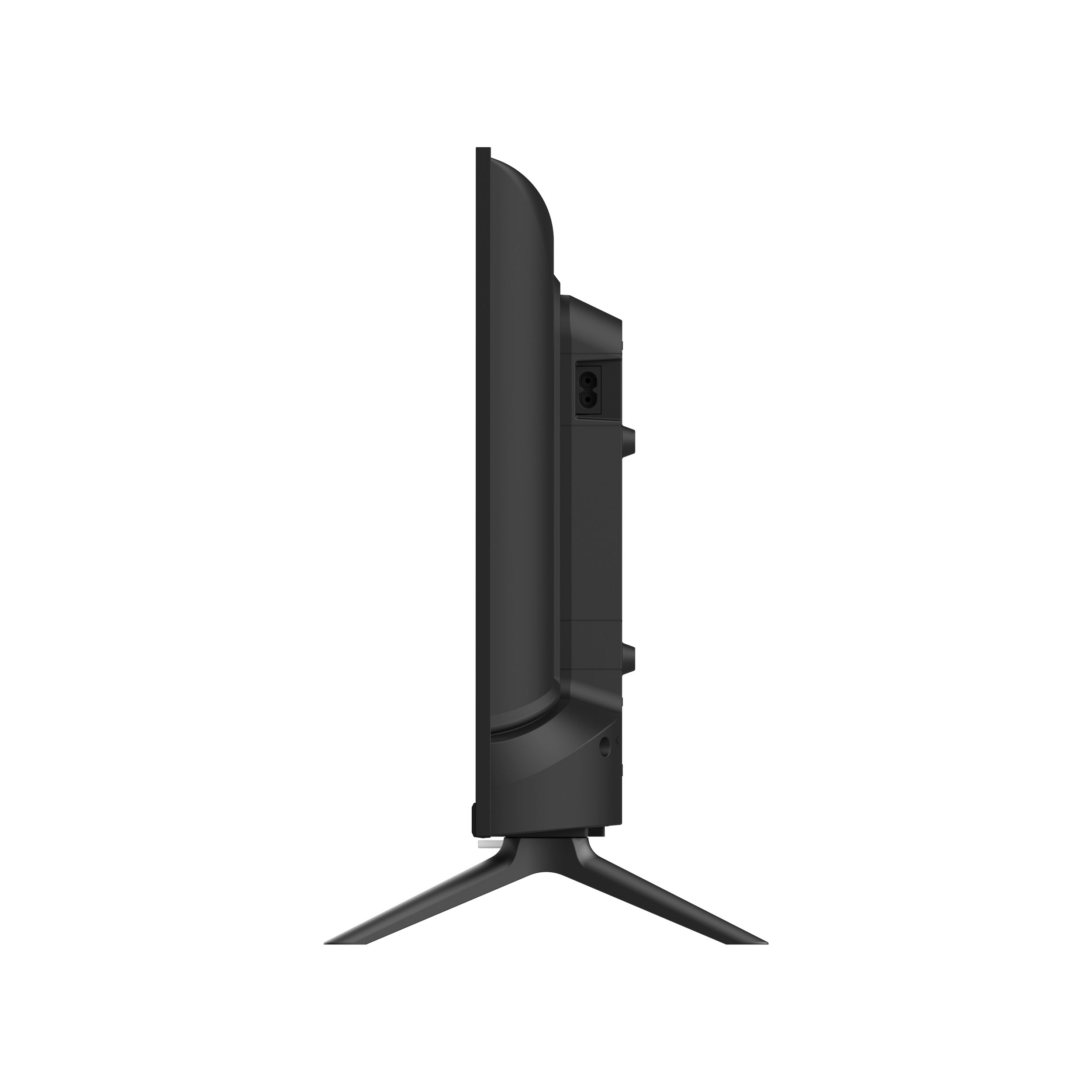 Televisor negro visto de lado, con su soporte.