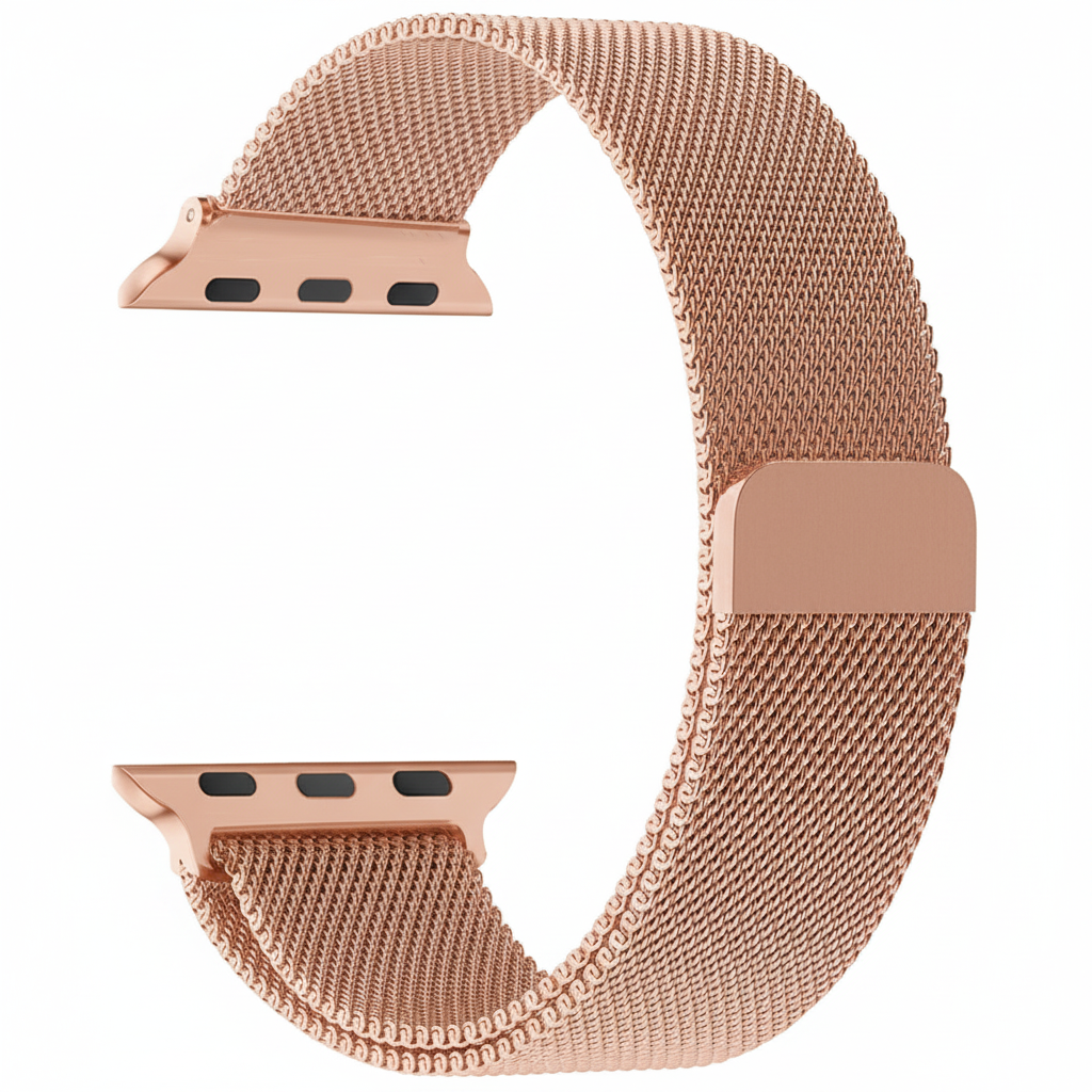 Ein roségoldenes Metallarmband für eine Smartwatch mit magnetischem Verschluss.